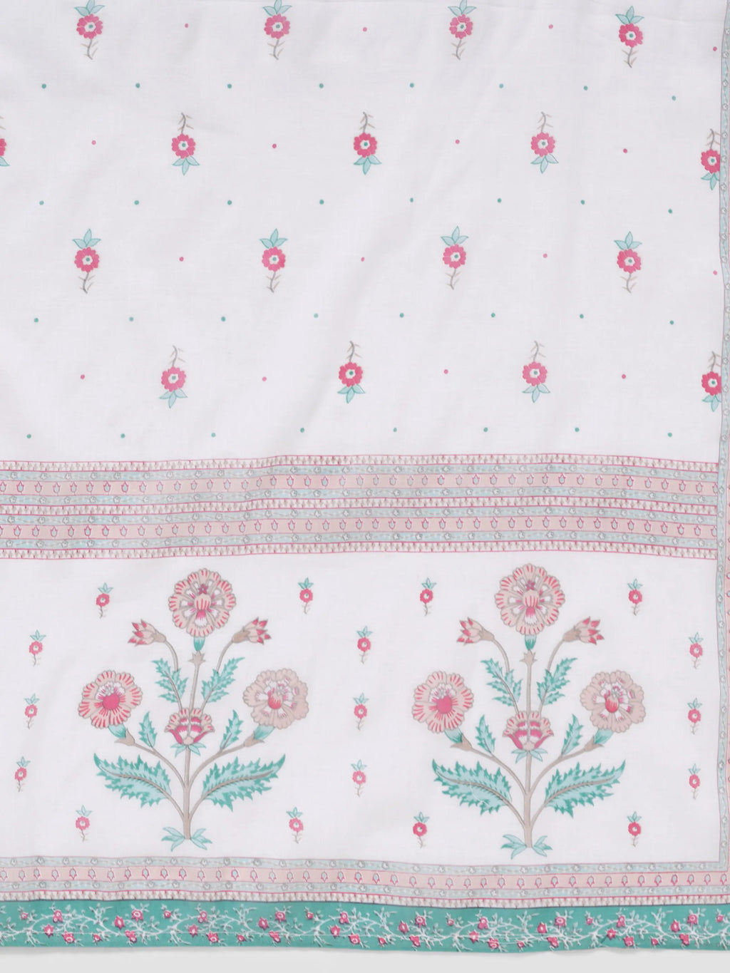 Women's White Floral Printed Anarkali Dress with Dupatta – Pink & Aqua Detailing