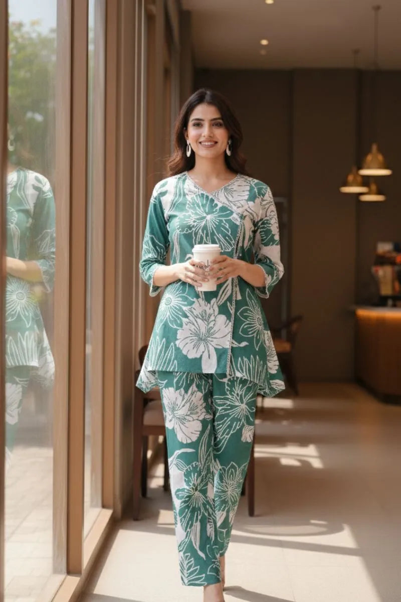 Sea Green Bold Floral Print Cotton Co-ord Set