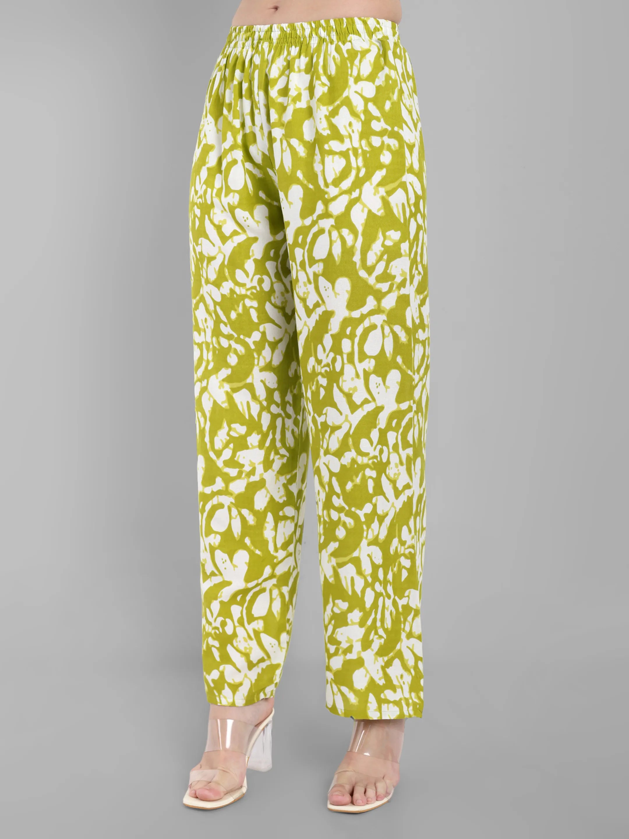 Lime Green & White Abstract Printed A-Line Cotton Kurta with Pants
