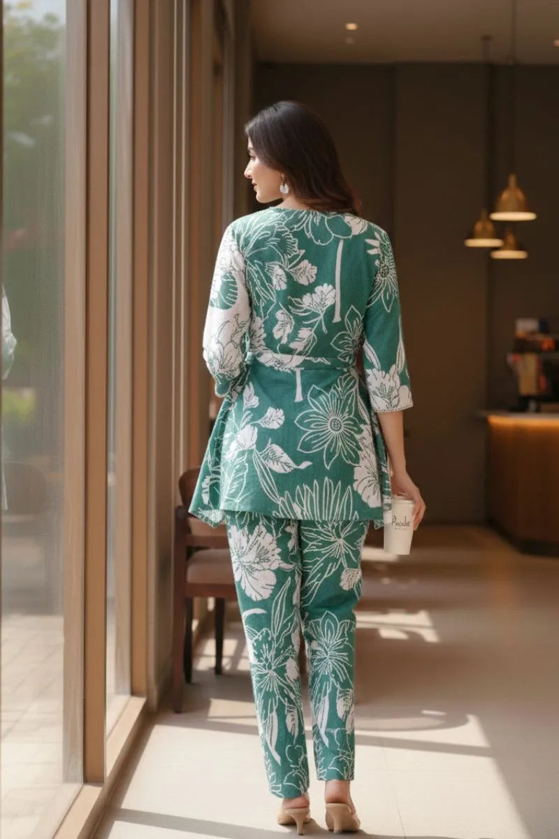 Sea Green Bold Floral Print Cotton Co-ord Set