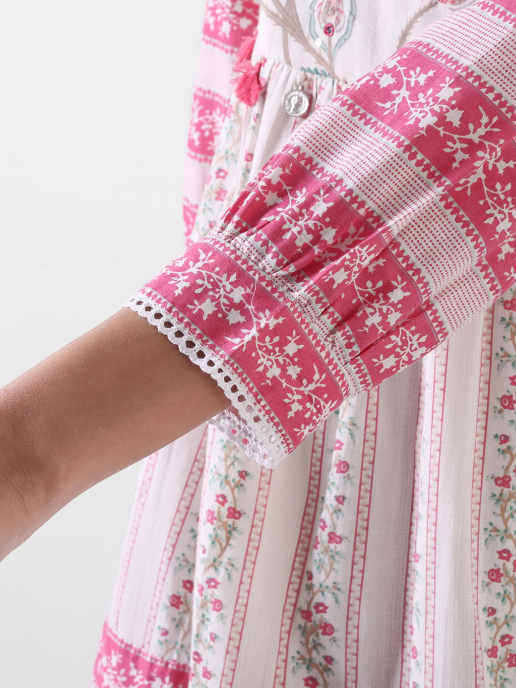Women's White Floral Printed Anarkali Dress with Dupatta – Pink & Aqua Detailing