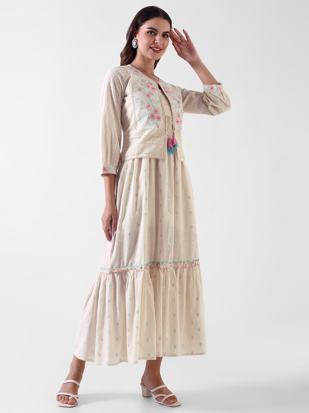 Embroidered Ethnic Maxi Dress with Tie-Up Detailing