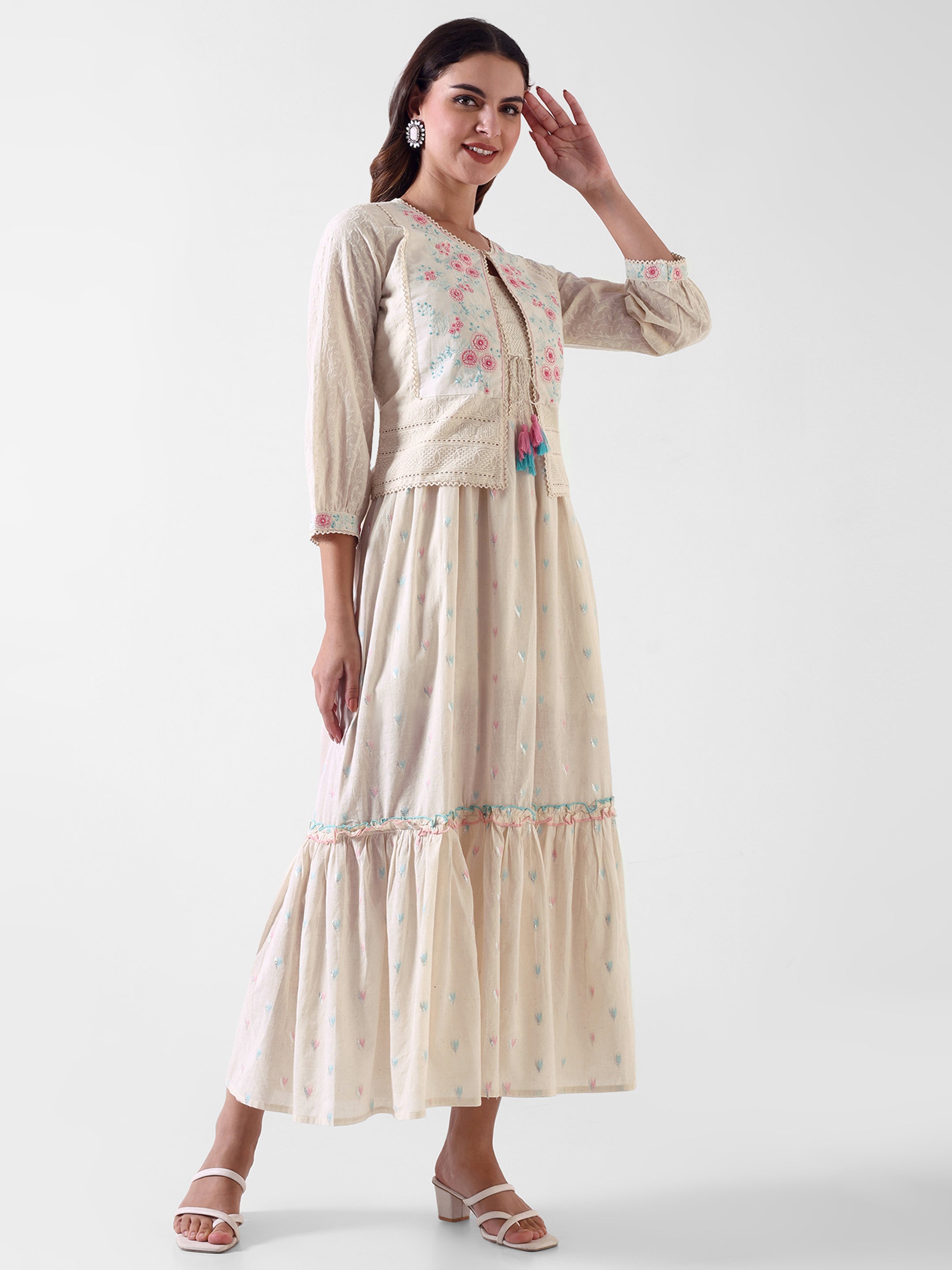 Embroidered Ethnic Maxi Dress with Tie-Up Detailing