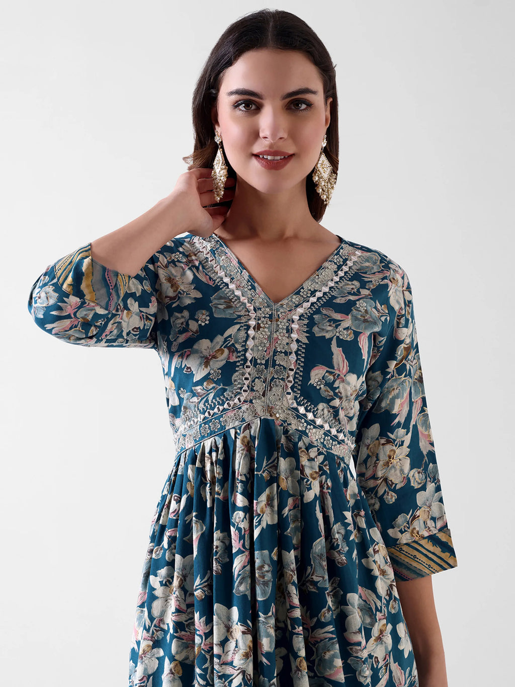 Women's Blue Floral Printed Anarkali Kurta Set with Dupatta