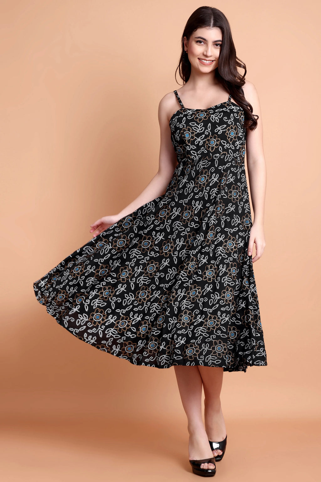 Women’s Black Floral Printed Flared Midi Dress