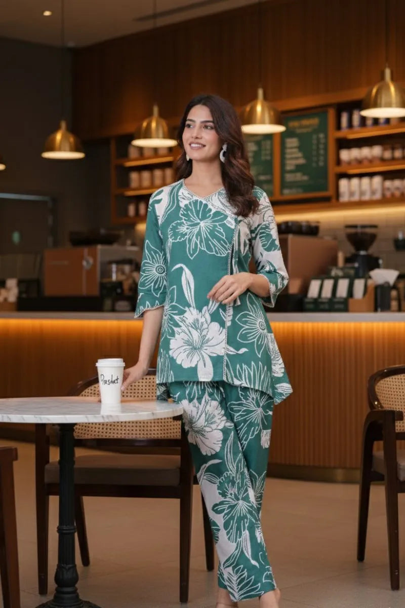 Sea Green Bold Floral Print Cotton Co-ord Set