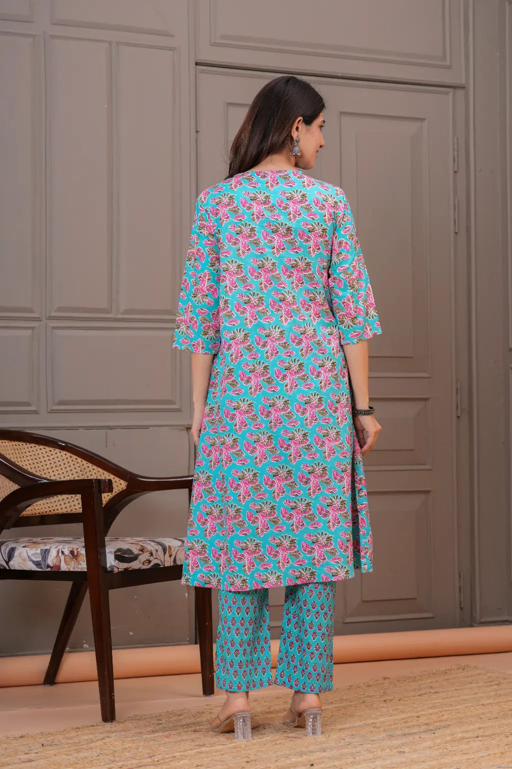 Turquoise Pink Floral Print Cotton Kurta Set