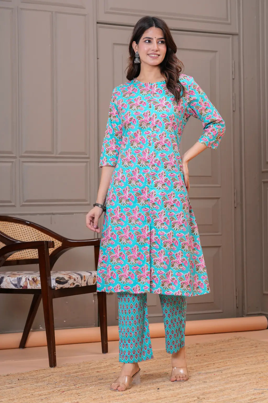 Turquoise Pink Floral Print Cotton Kurta Set