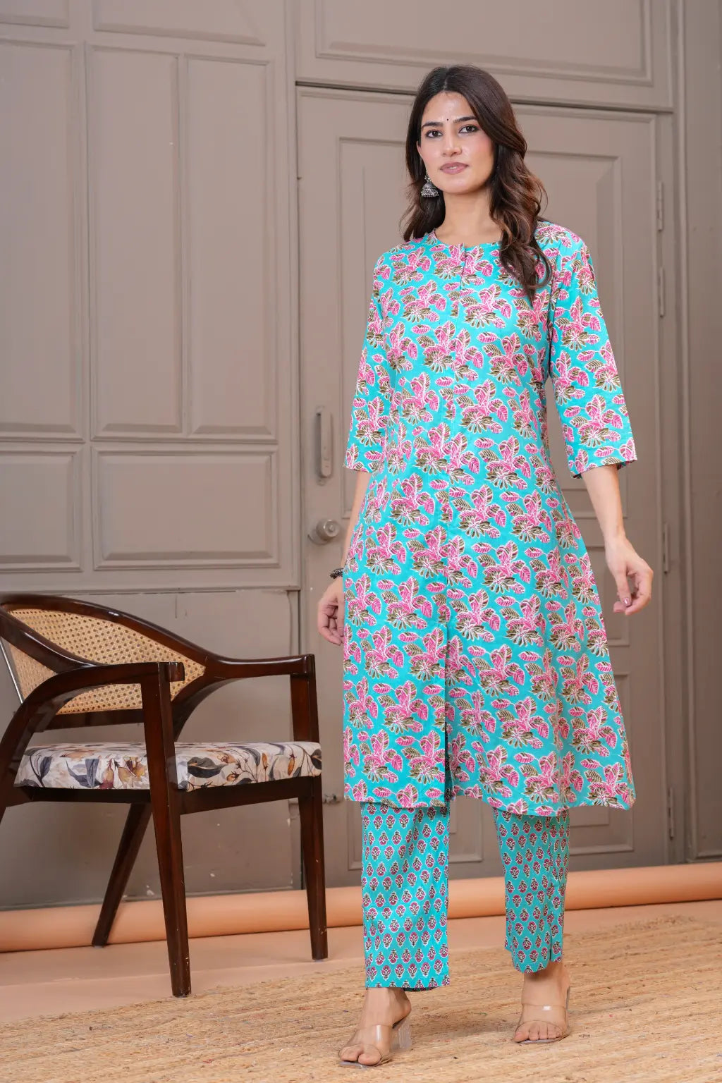 Turquoise Pink Floral Print Cotton Kurta Set