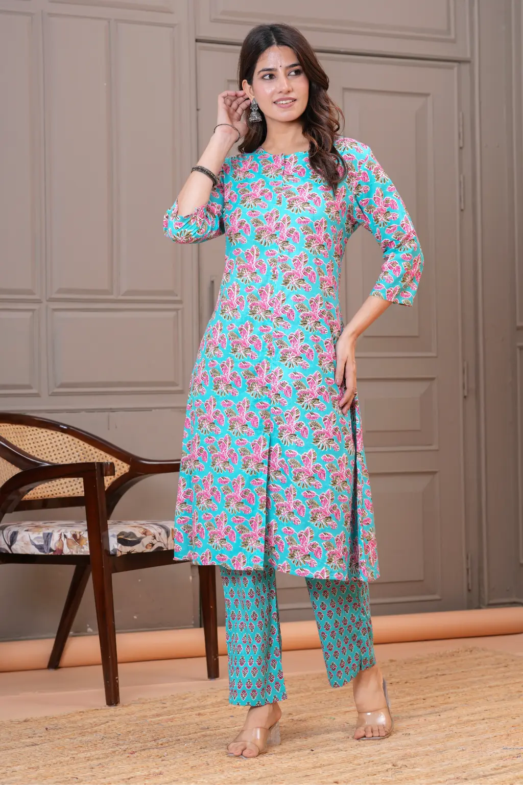 Turquoise Pink Floral Print Cotton Kurta Set