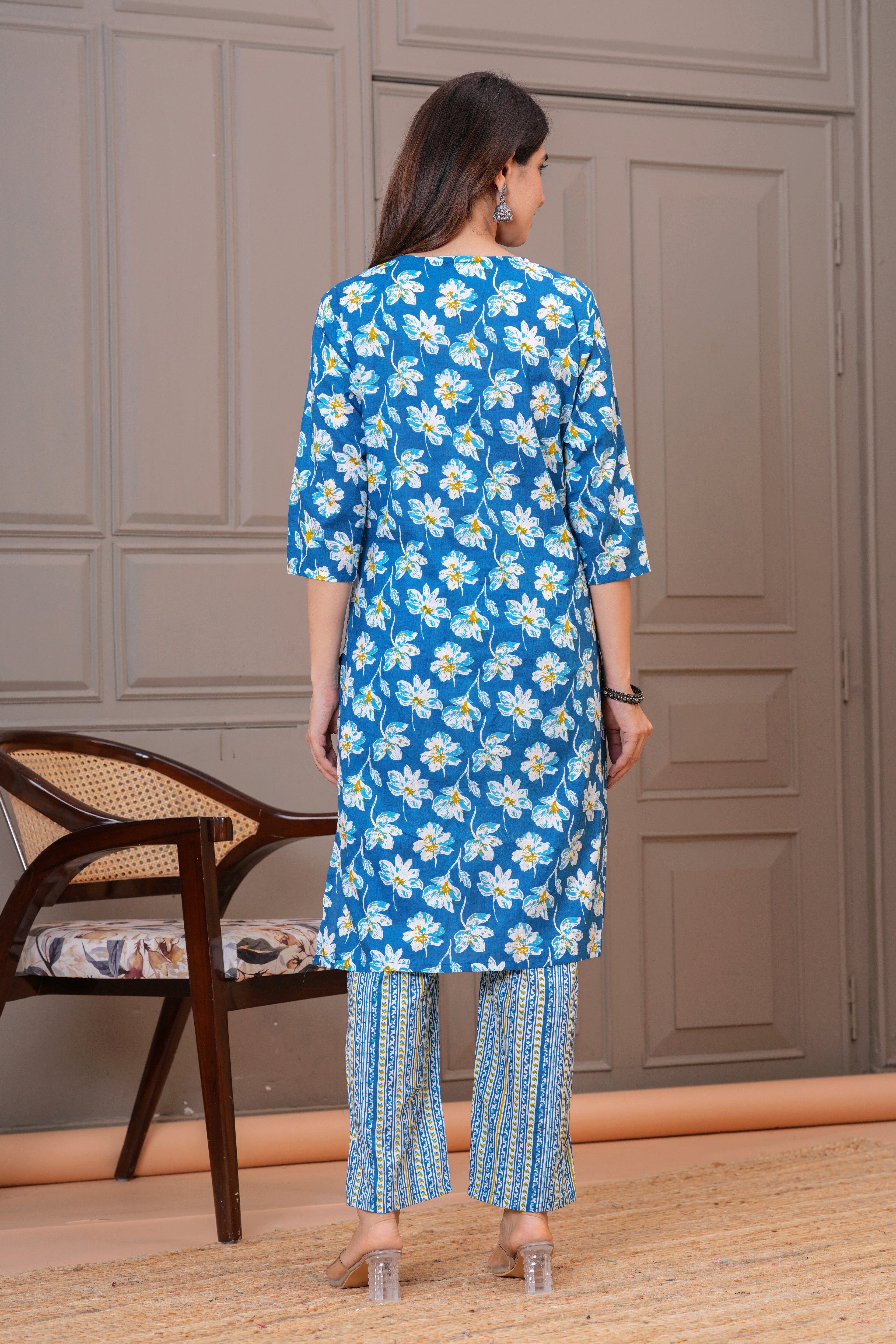 Teal Blue Floral Print Cotton Kurta Set