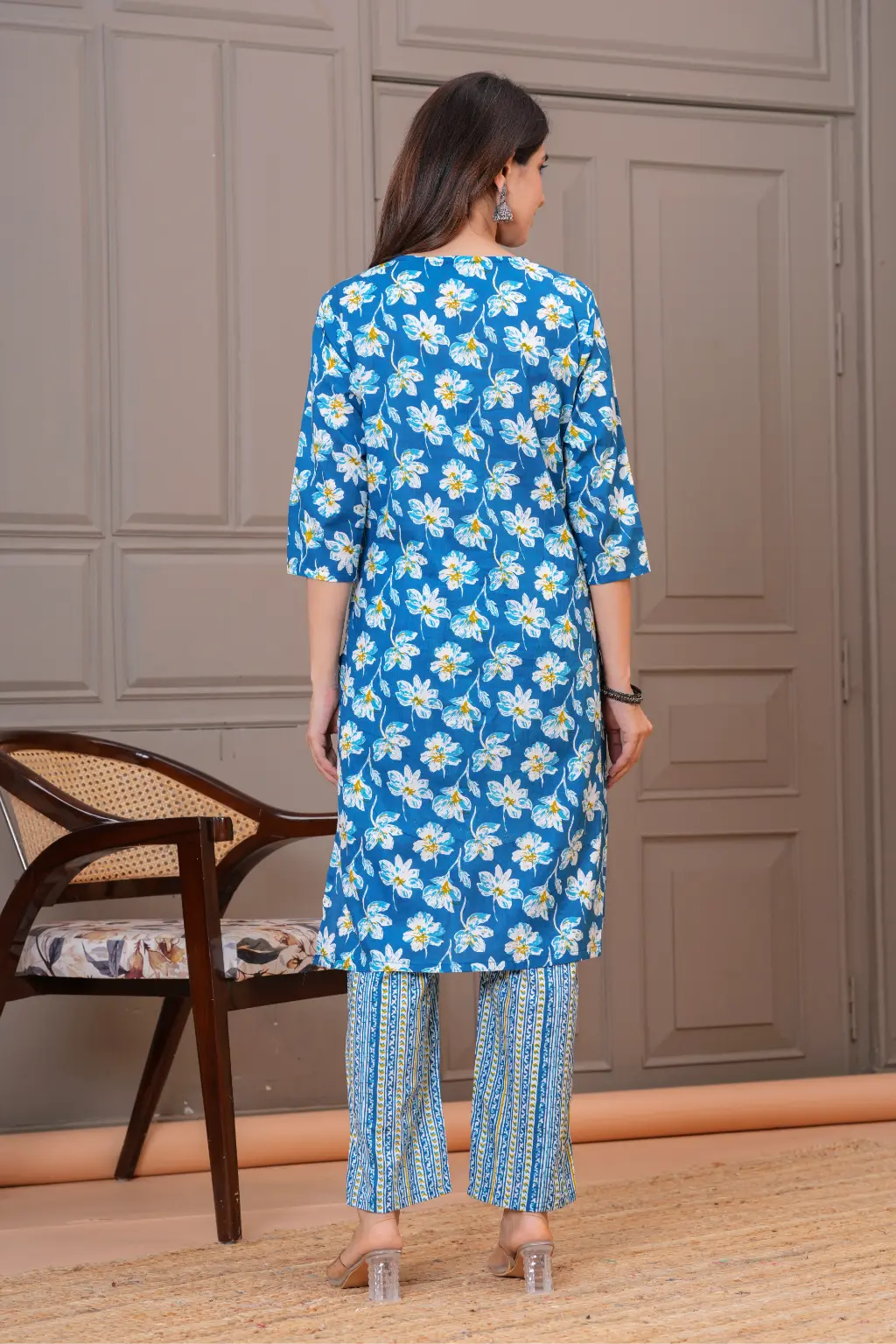 Teal Blue Floral Print Cotton Kurta Set