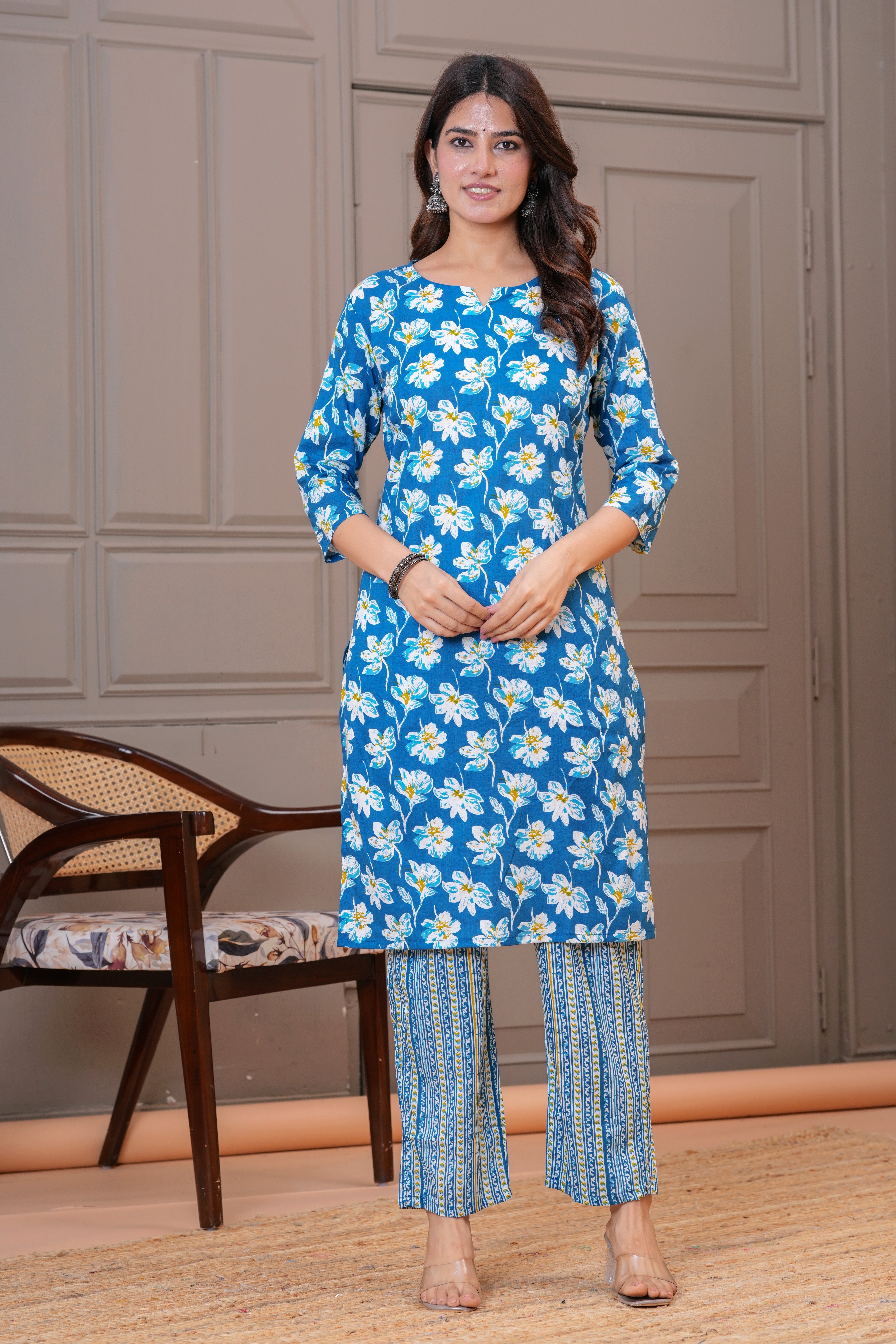 Teal Blue Floral Print Cotton Kurta Set