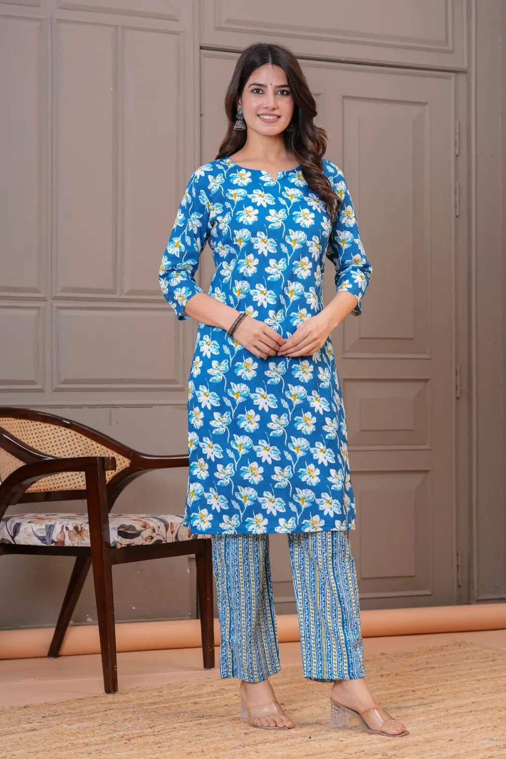 Teal Blue Floral Print Cotton Kurta Set