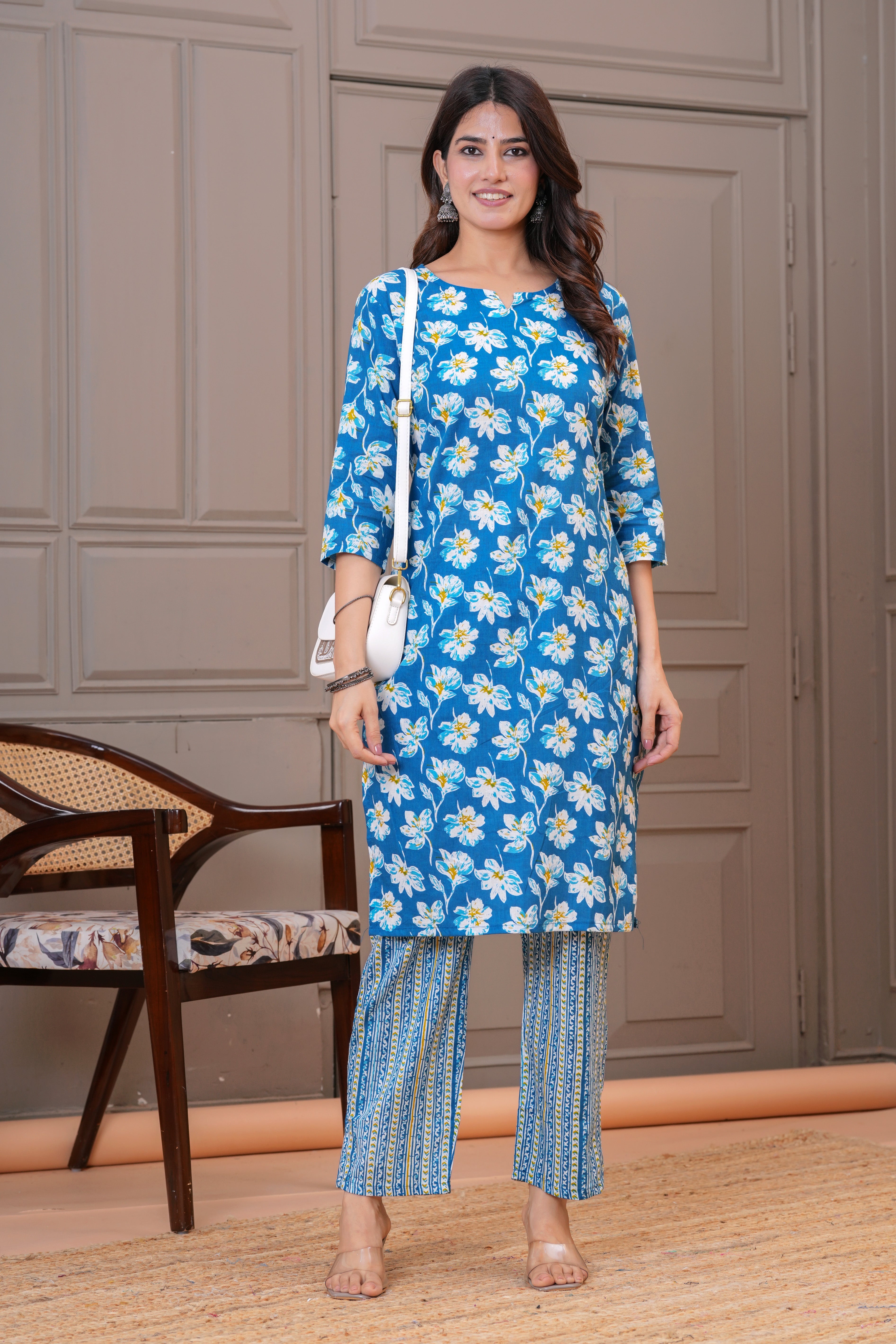 Teal Blue Floral Print Cotton Kurta Set