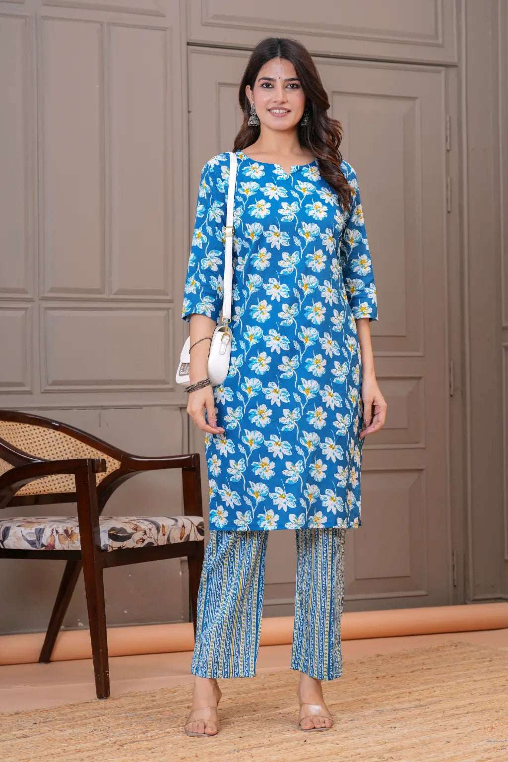 Teal Blue Floral Print Cotton Kurta Set