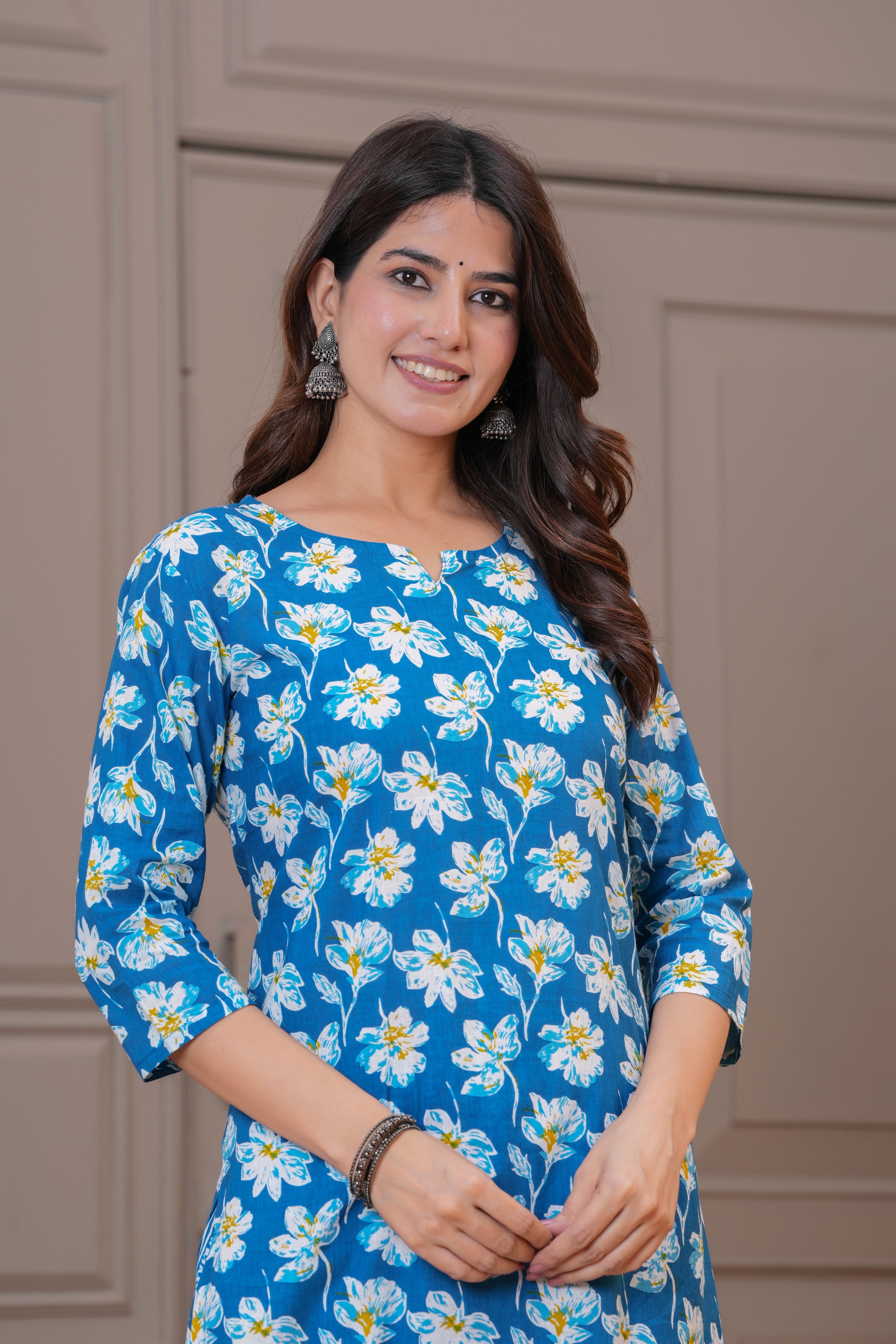 Teal Blue Floral Print Cotton Kurta Set