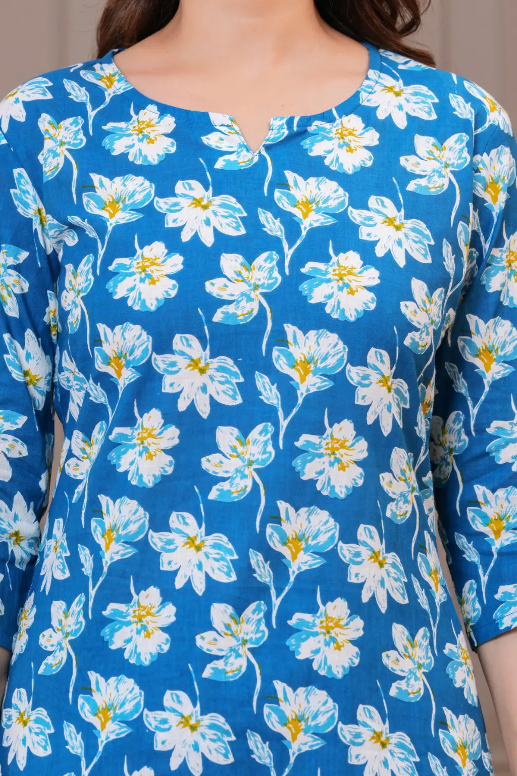 Teal Blue Floral Print Cotton Kurta Set