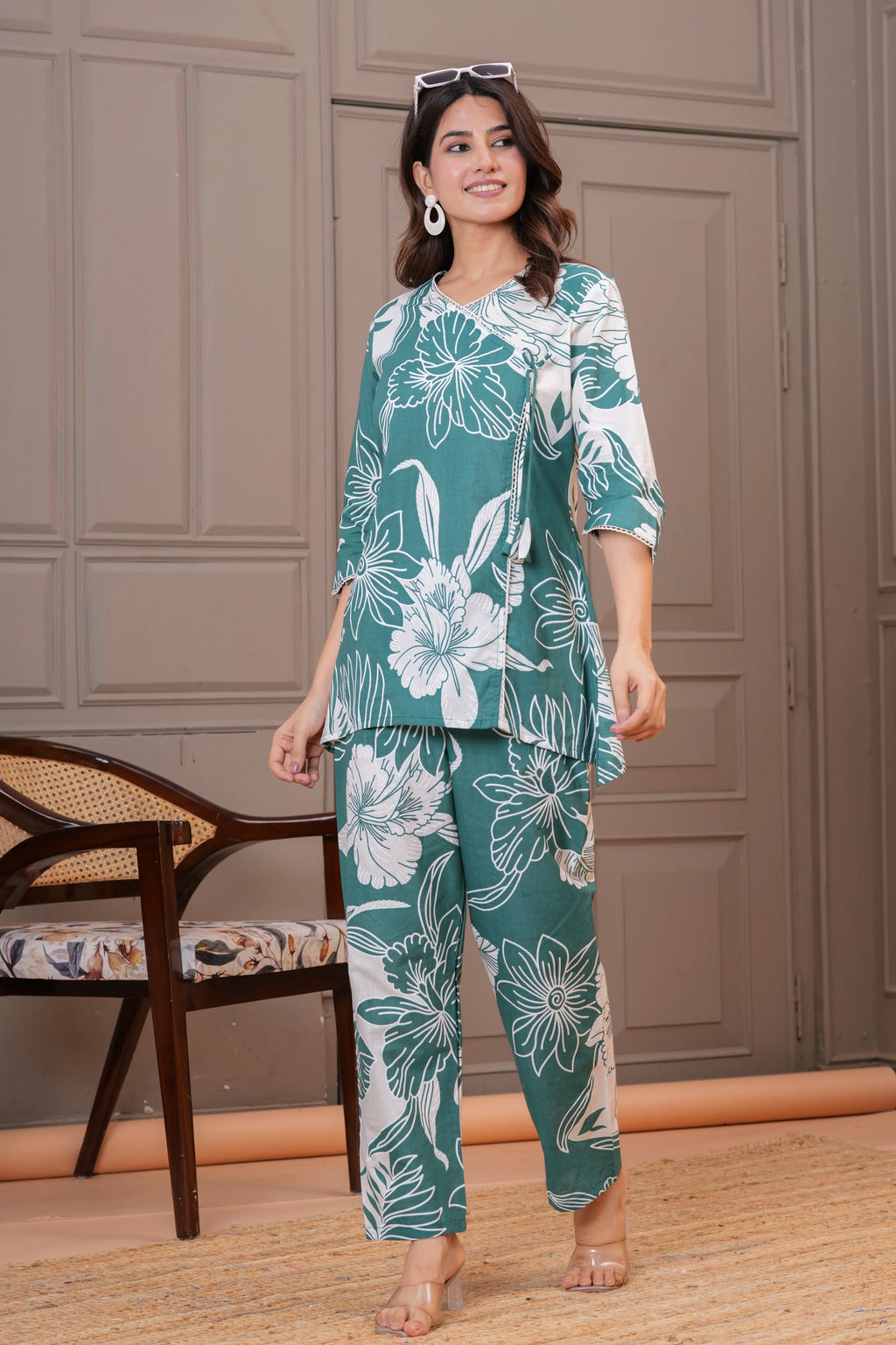 Emerald Green Floral Print Cotton Co-Ord Set with Crochet Detailing & Side Tie