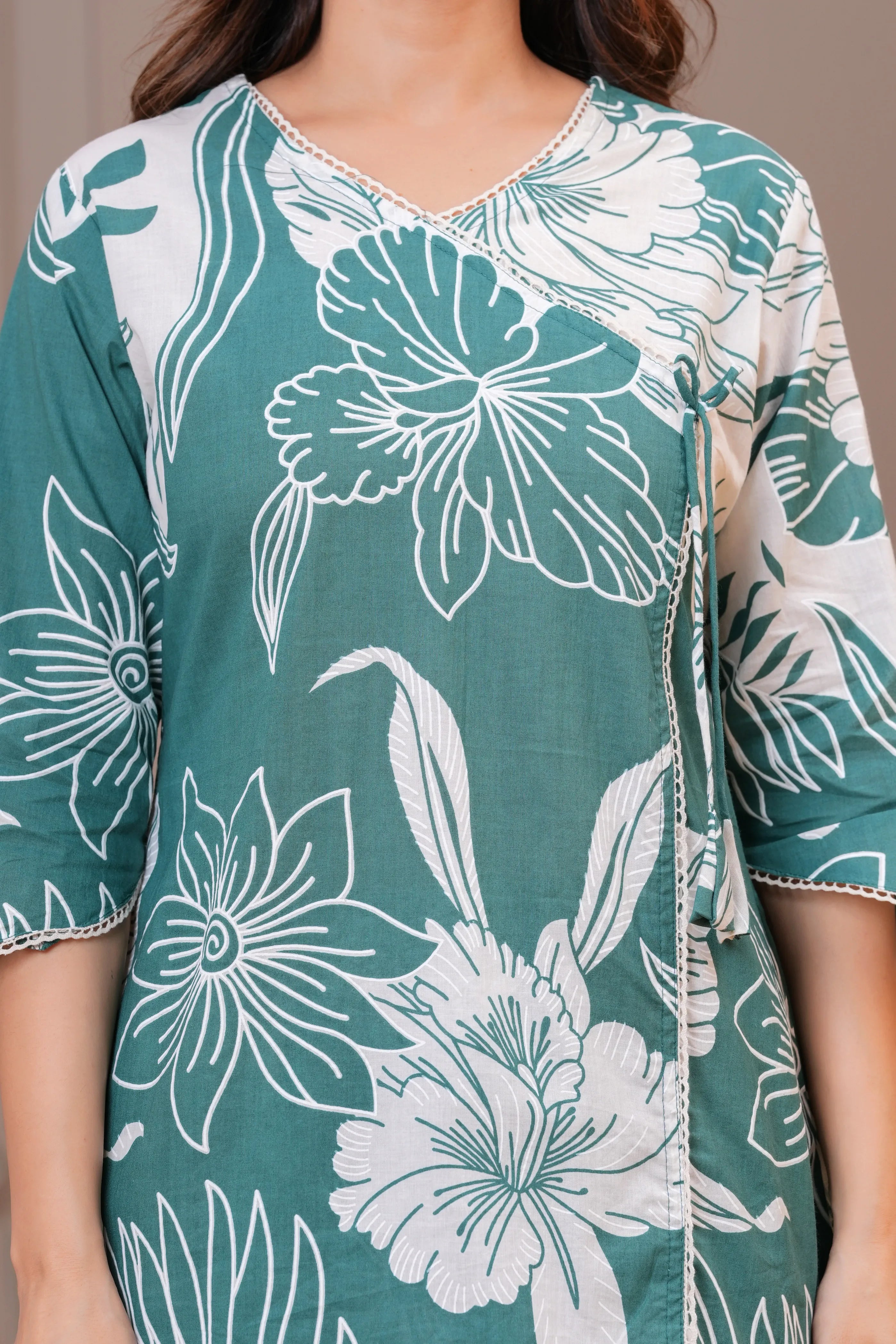 Emerald Green Floral Print Cotton Co-Ord Set with Crochet Detailing & Side Tie