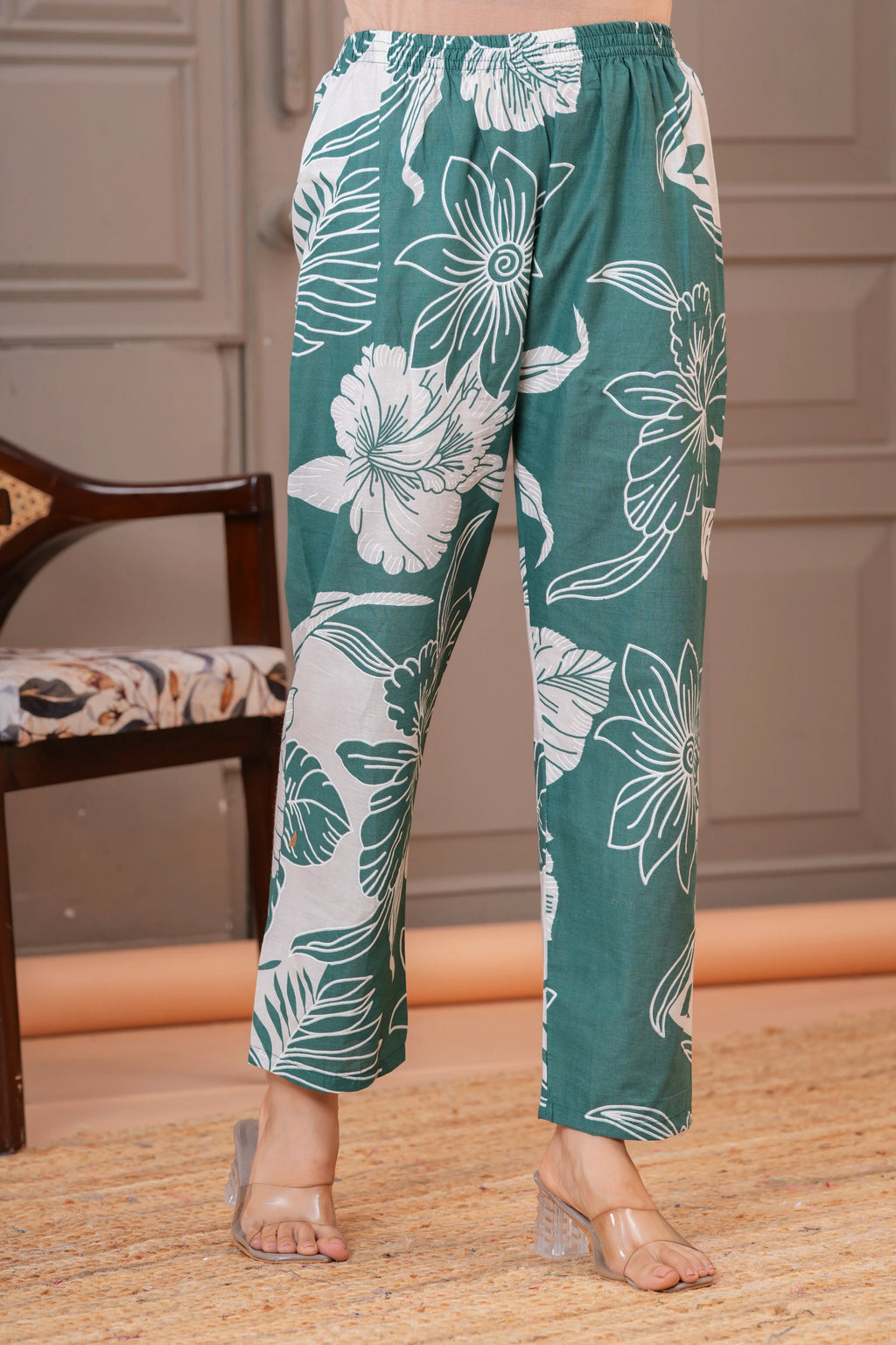 Emerald Green Floral Print Cotton Co-Ord Set with Crochet Detailing & Side Tie