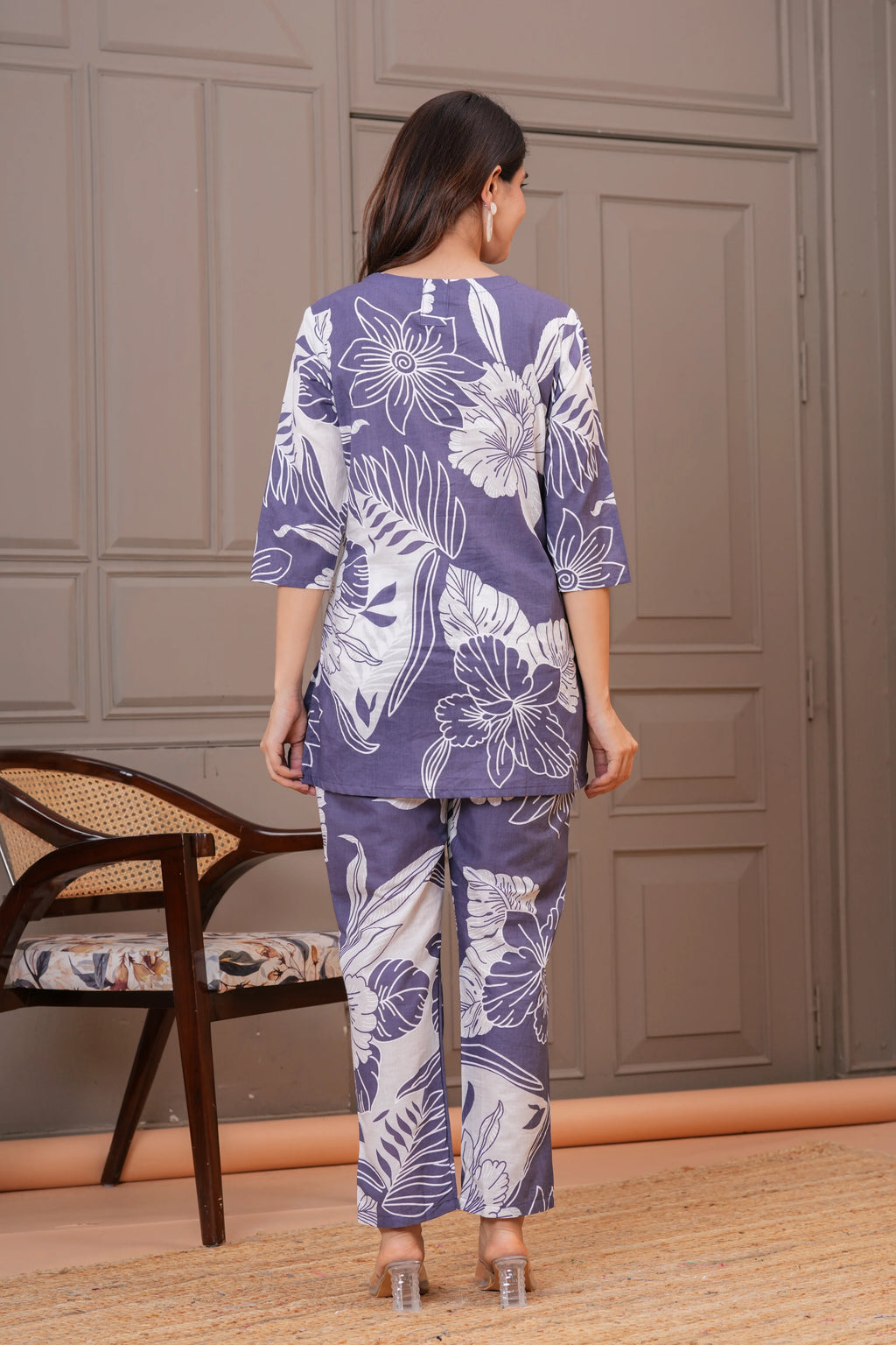 Lavender & White Floral Print Cotton Co-Ord Set for Women
