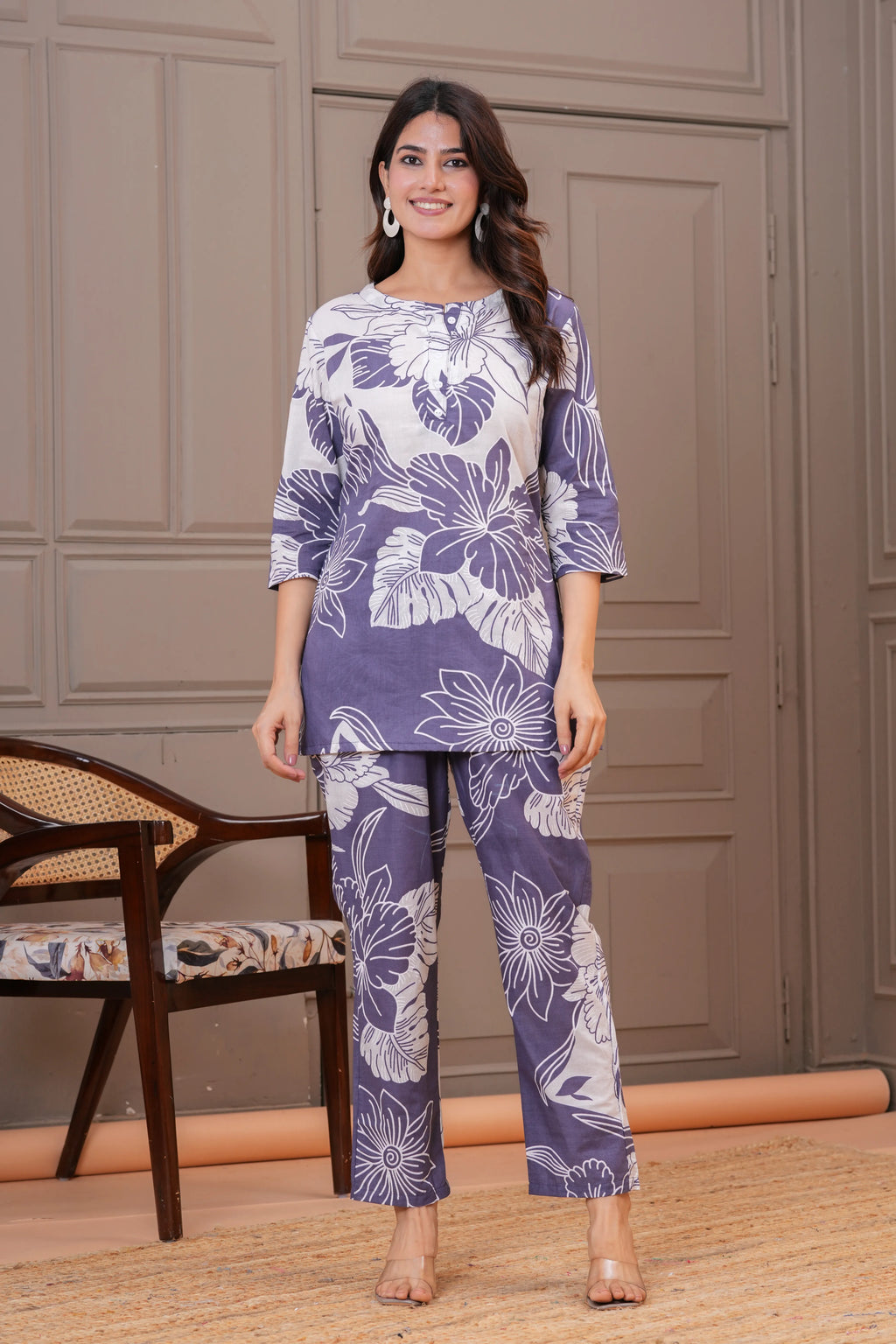 Lavender & White Floral Print Cotton Co-Ord Set for Women