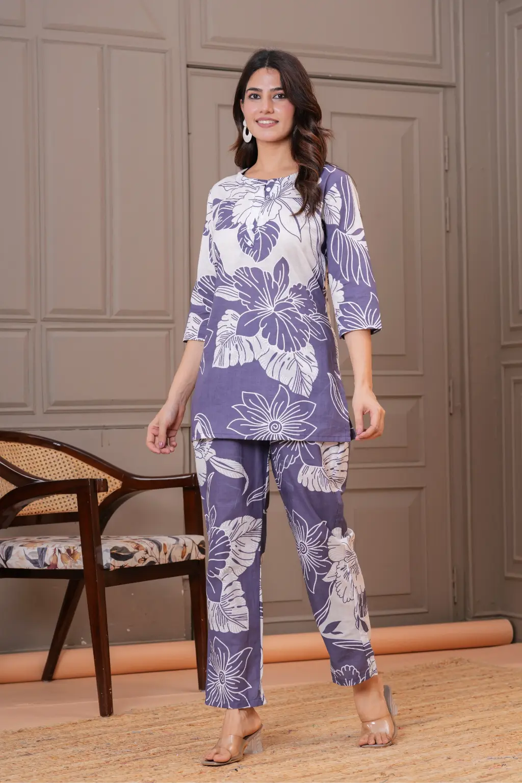 Lavender Grey Bold Floral Print Cotton Co-ord Set