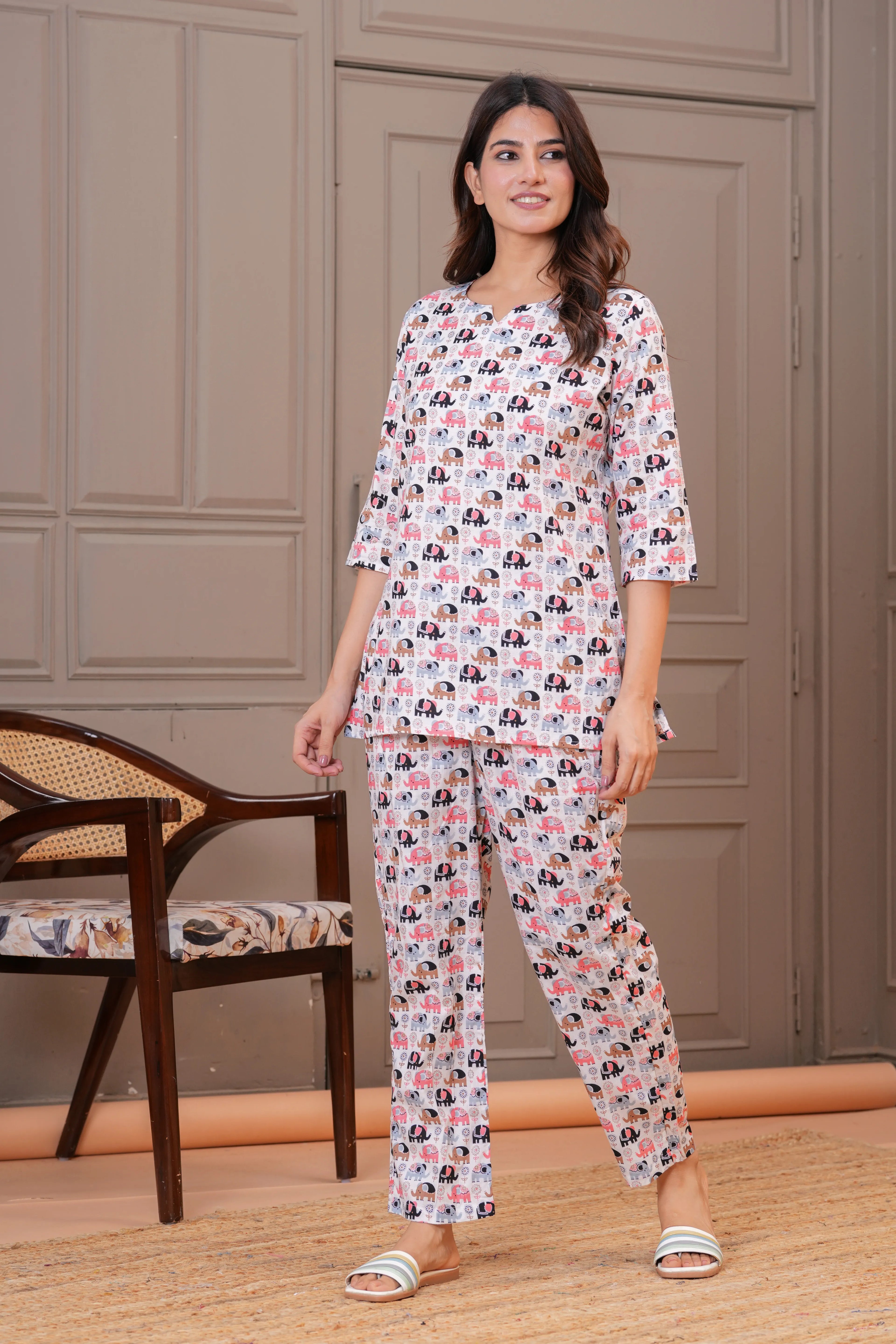 Printed Elephant Motif Loungewear Set – Soft Pink Cotton Blend Top & Pajama