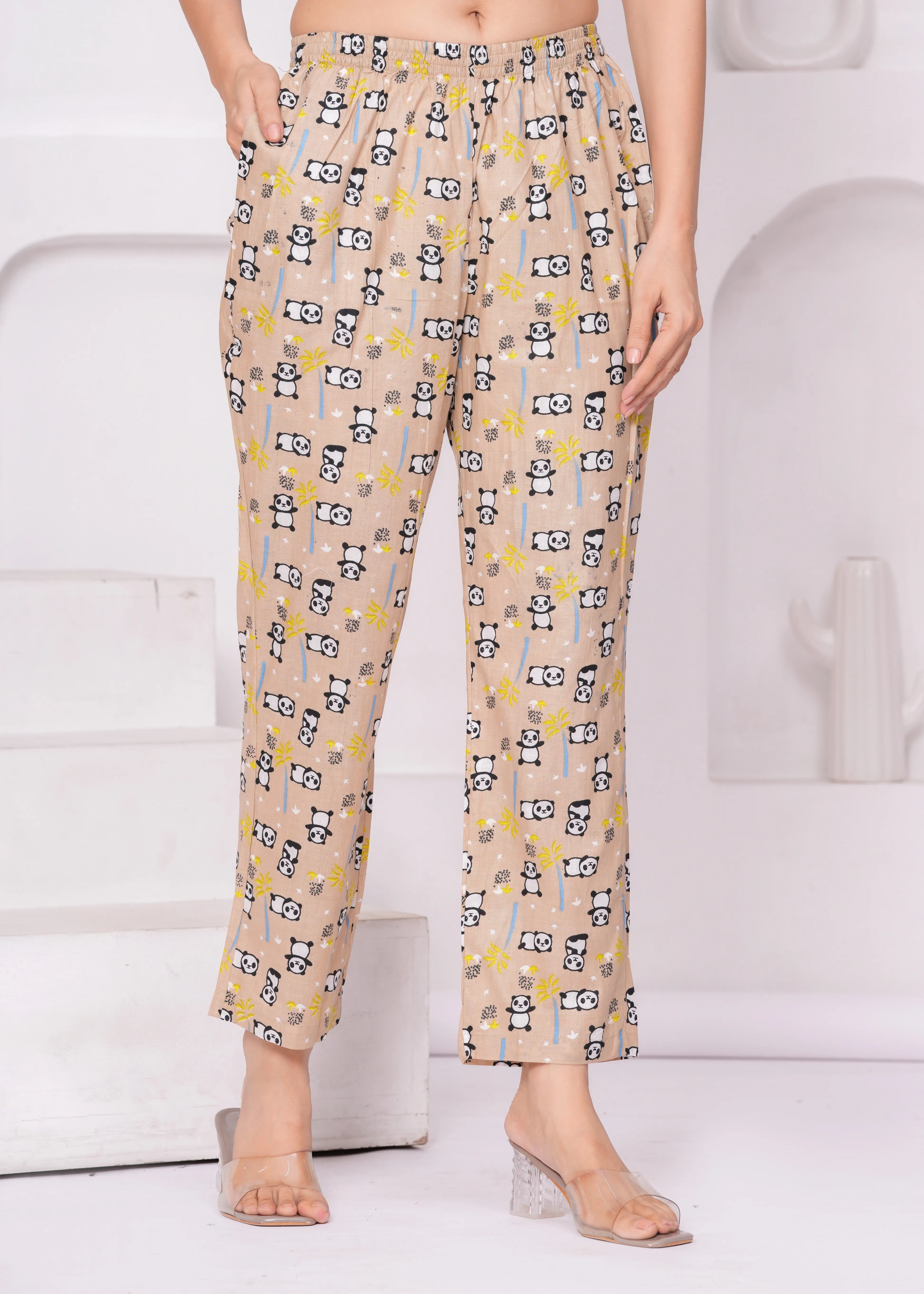 Beige Panda Print Loungewear Set – Half Sleeve Round Neck Top with Straight Pants