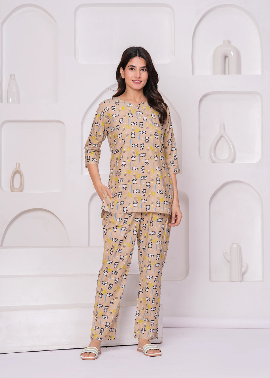 Beige Panda Print Loungewear Set – Half Sleeve Round Neck Top with Straight Pants