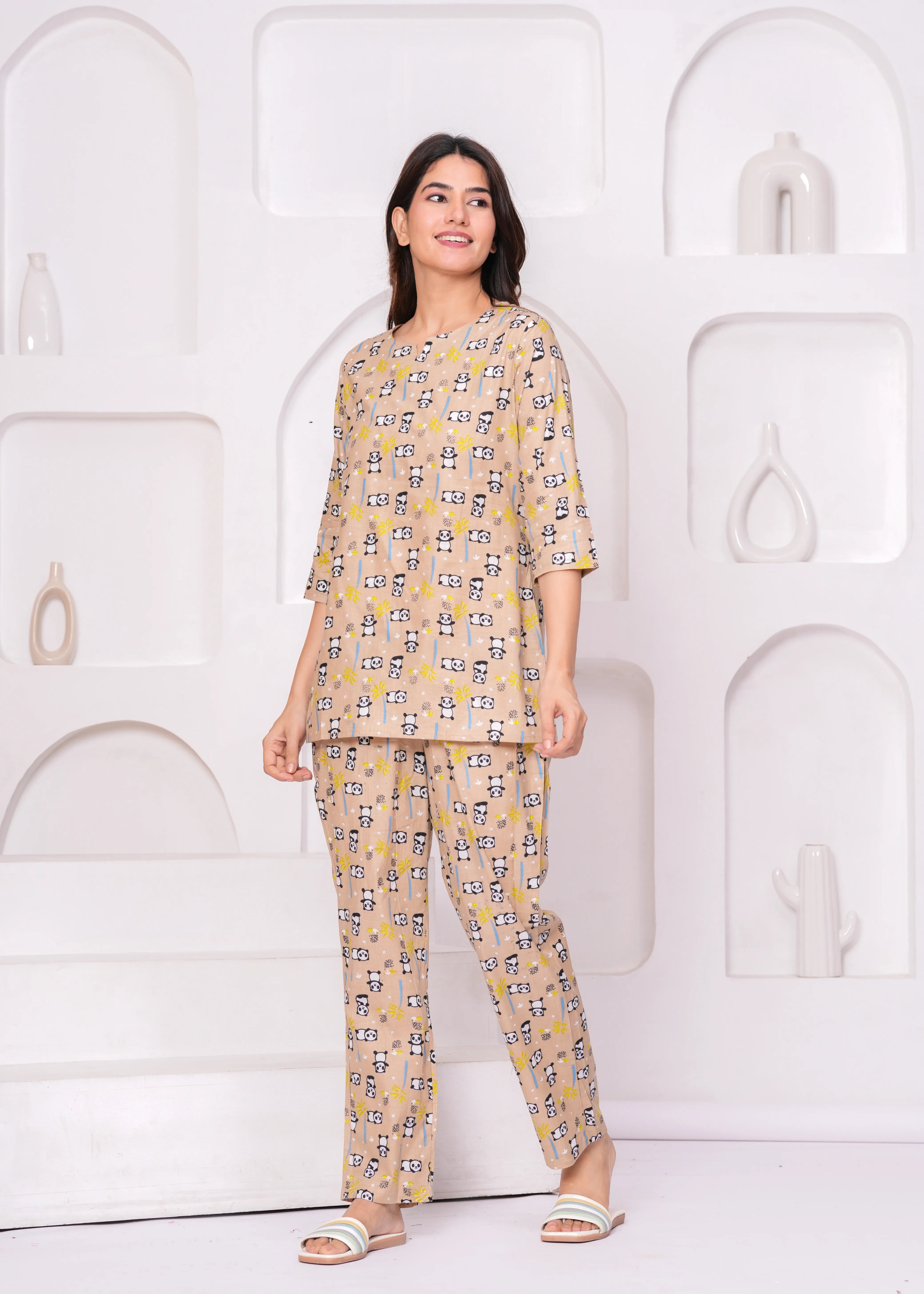 Beige Panda Print Loungewear Set – Half Sleeve Round Neck Top with Straight Pants