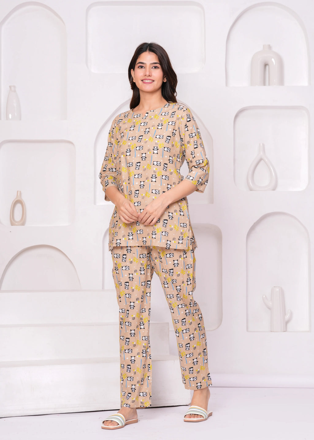 Beige Panda Print Loungewear Set – Half Sleeve Round Neck Top with Straight Pants