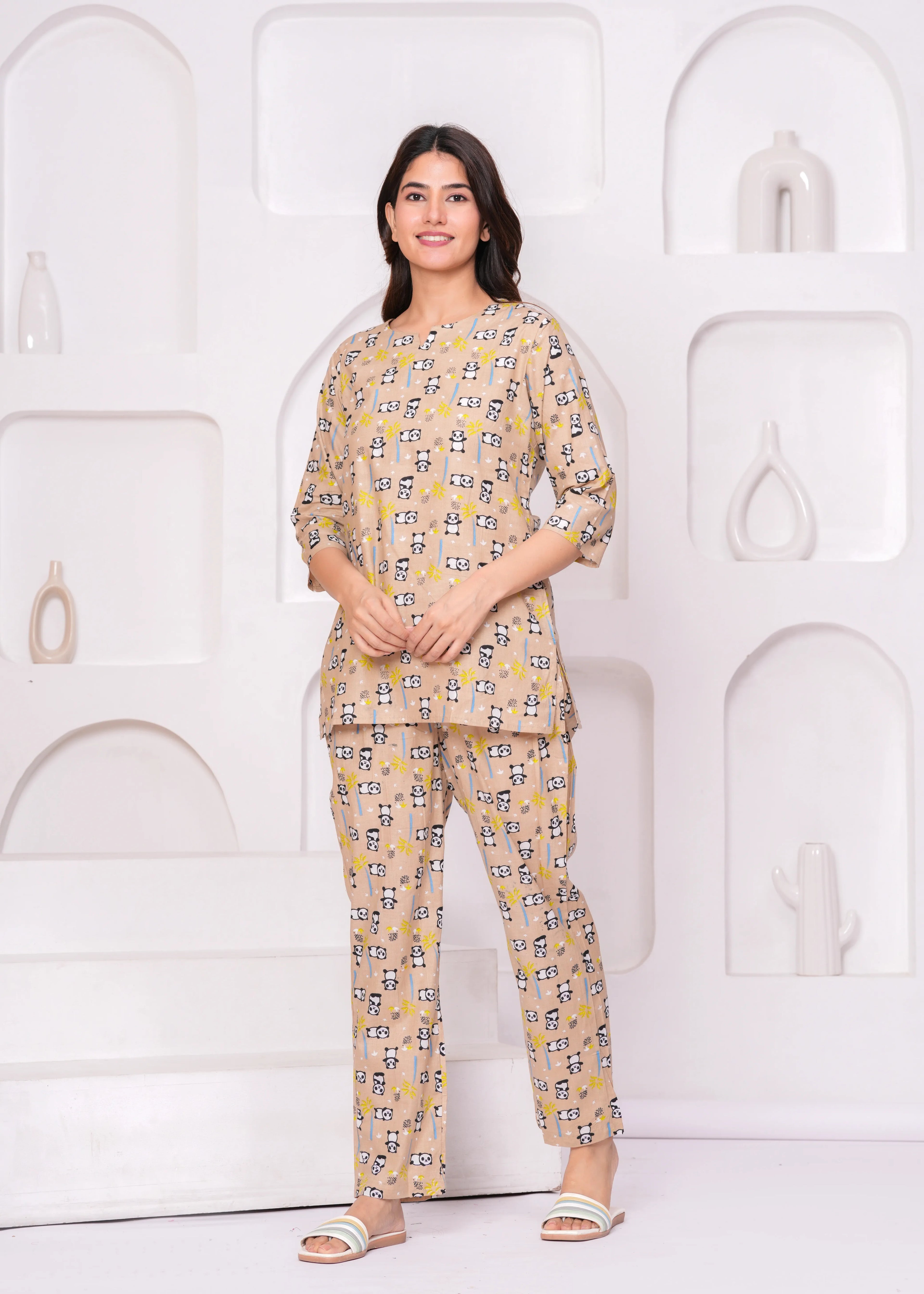 Beige Panda Print Loungewear Set – Half Sleeve Round Neck Top with Straight Pants