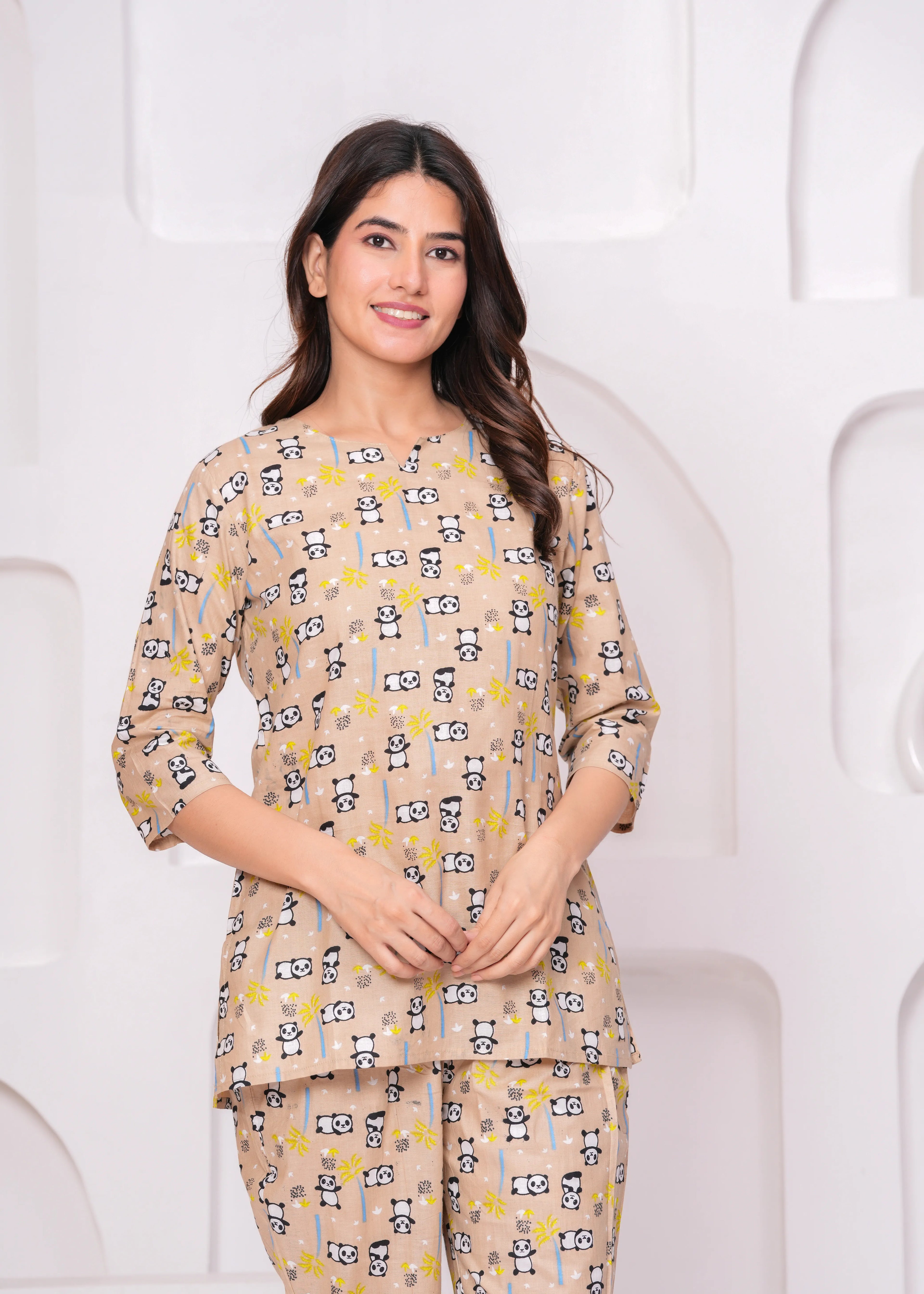 Beige Panda Print Loungewear Set – Half Sleeve Round Neck Top with Straight Pants