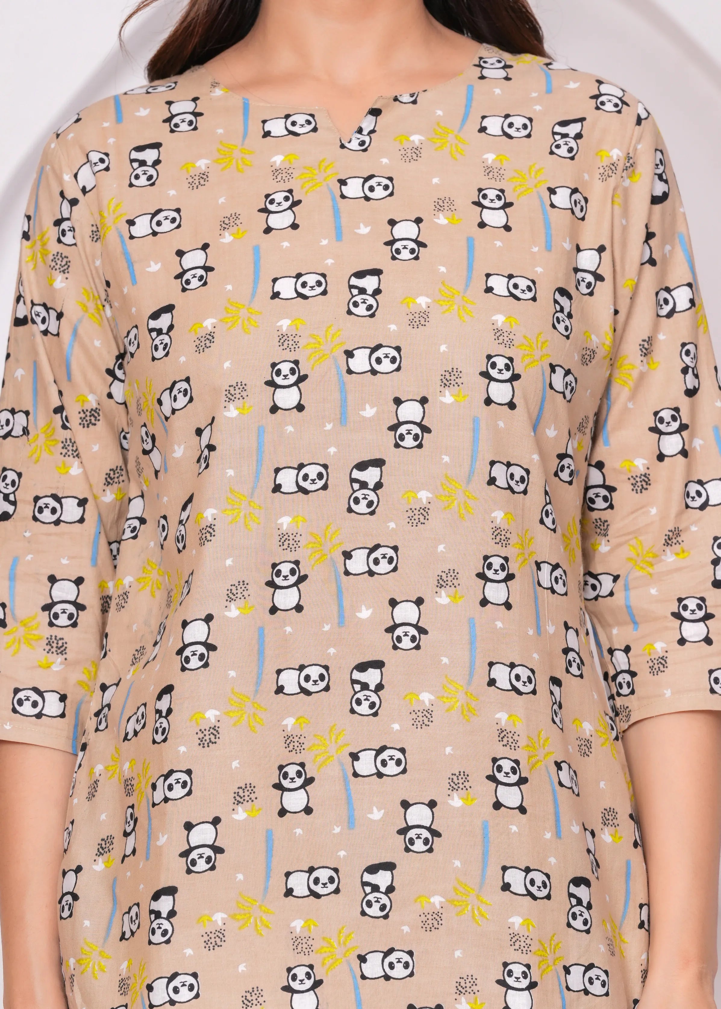 Beige Panda Print Loungewear Set – Half Sleeve Round Neck Top with Straight Pants