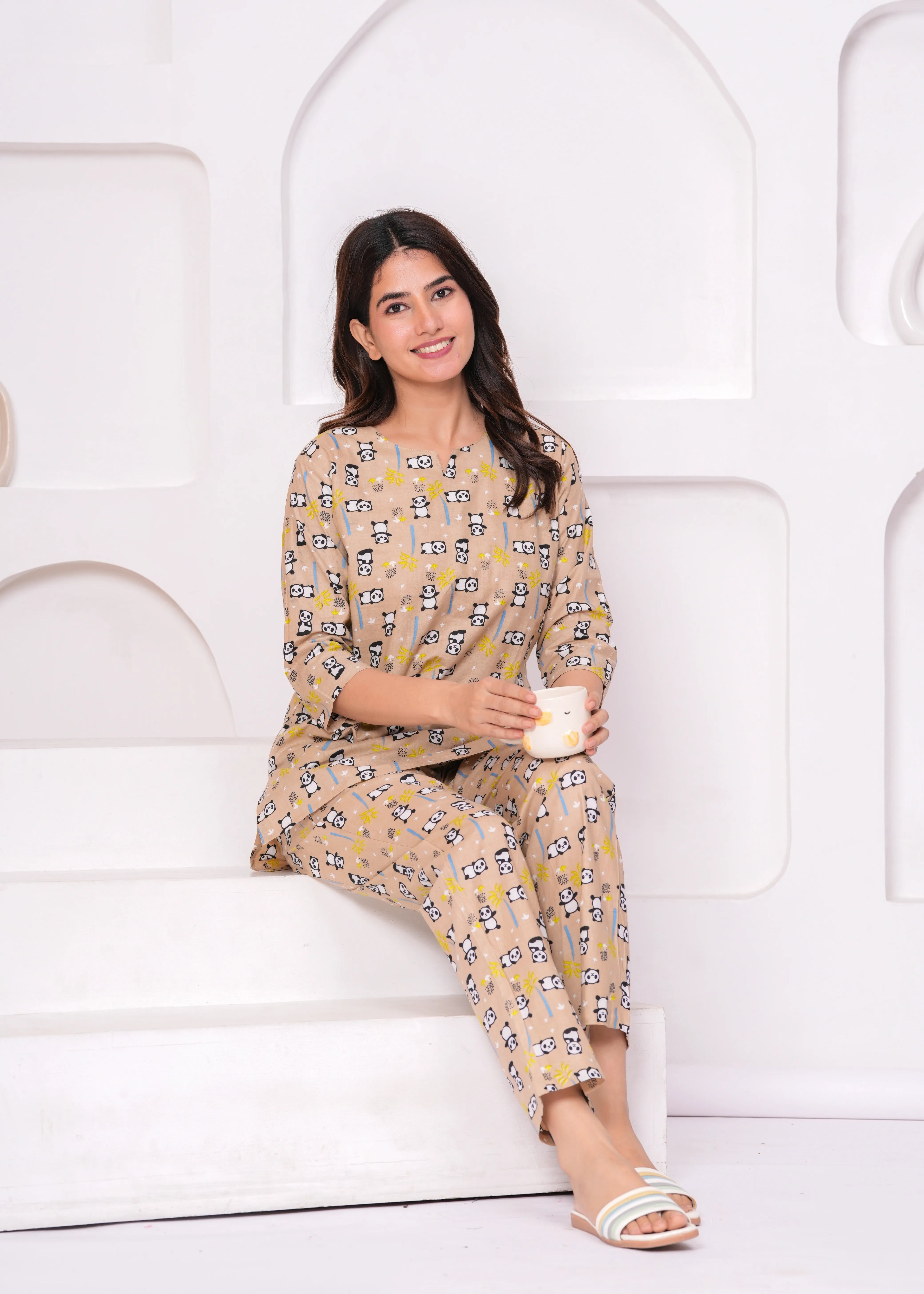 Beige Panda Print Loungewear Set – Half Sleeve Round Neck Top with Straight Pants
