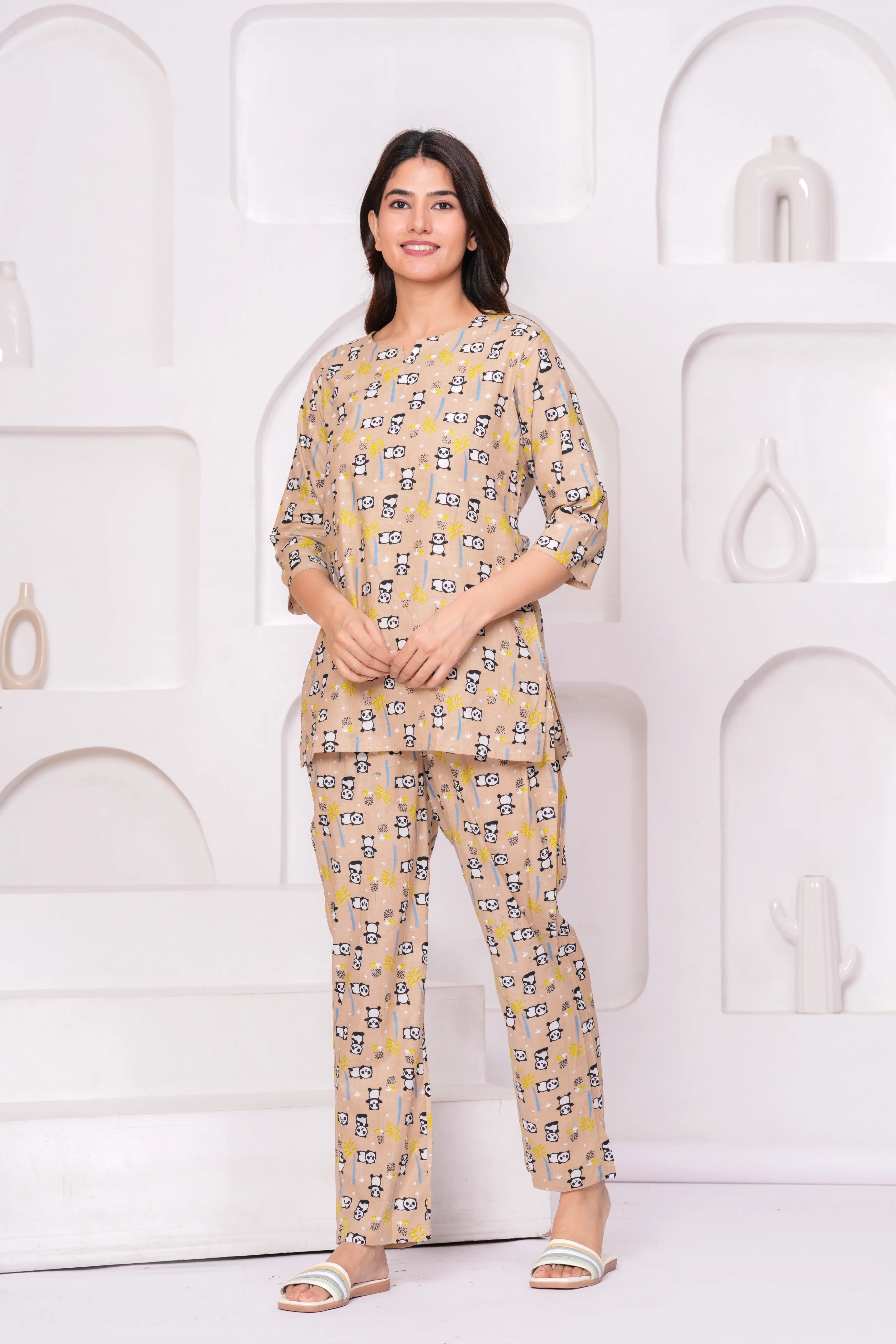 Beige Panda Print Loungewear Set – Half Sleeve Round Neck Top with Straight Pants