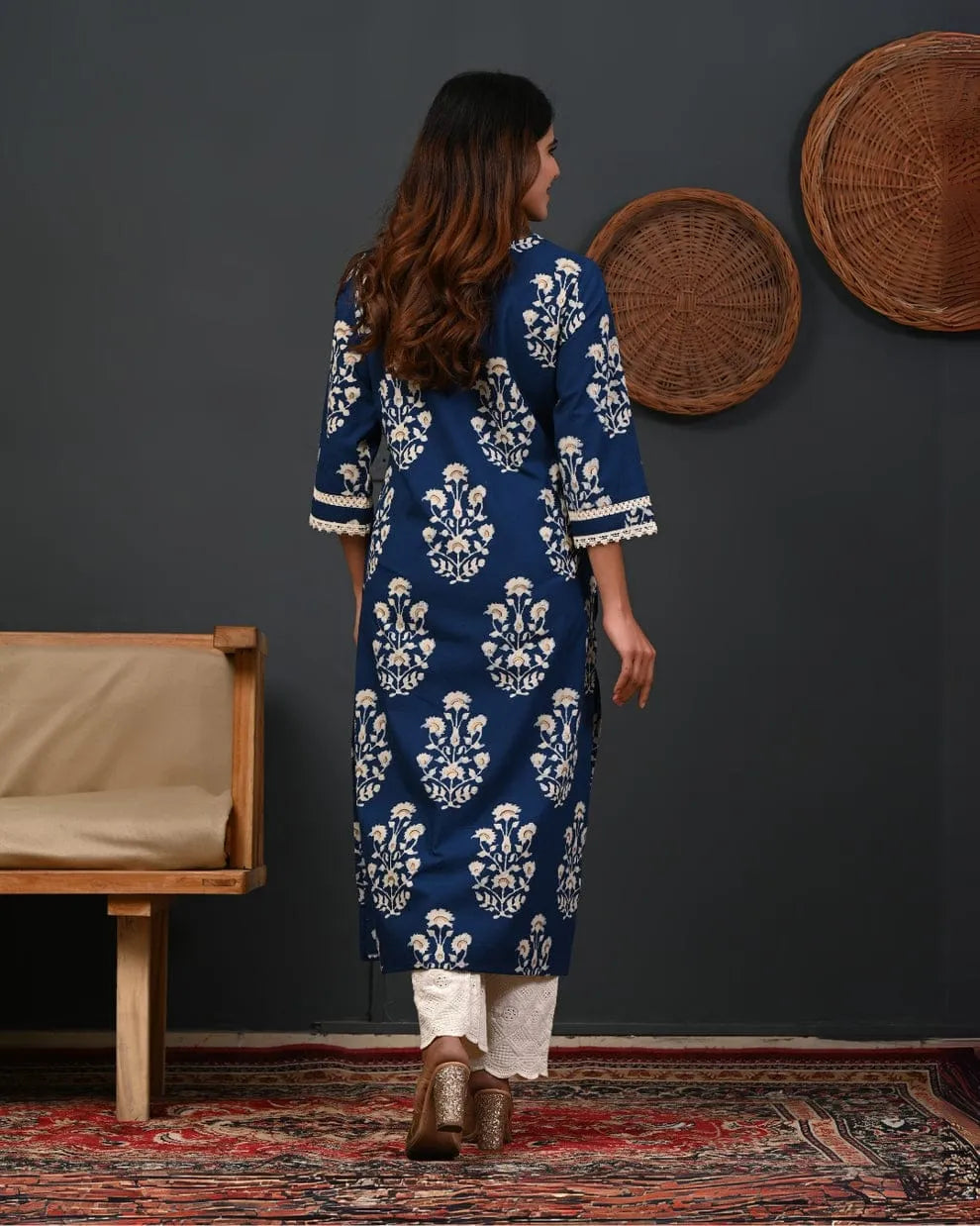 Navy Blue Floral Printed Straight Kurta with Crochet Detailing