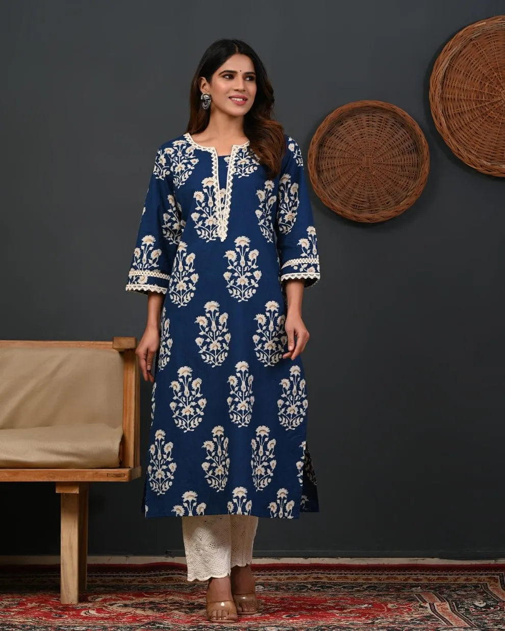 Navy Blue Floral Printed Straight Kurta with Crochet Detailing
