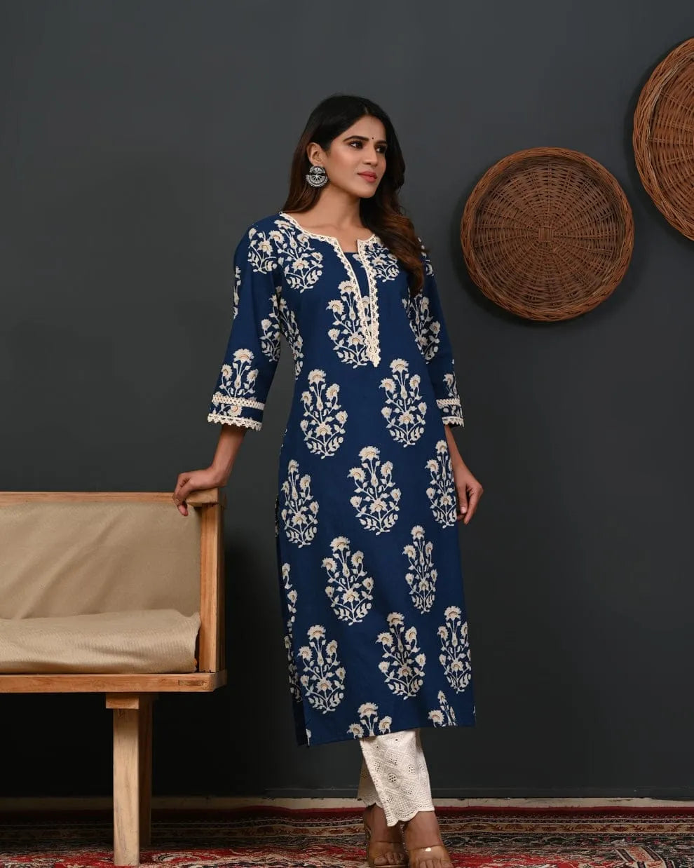 Navy Blue Floral Printed Straight Kurta with Crochet Detailing