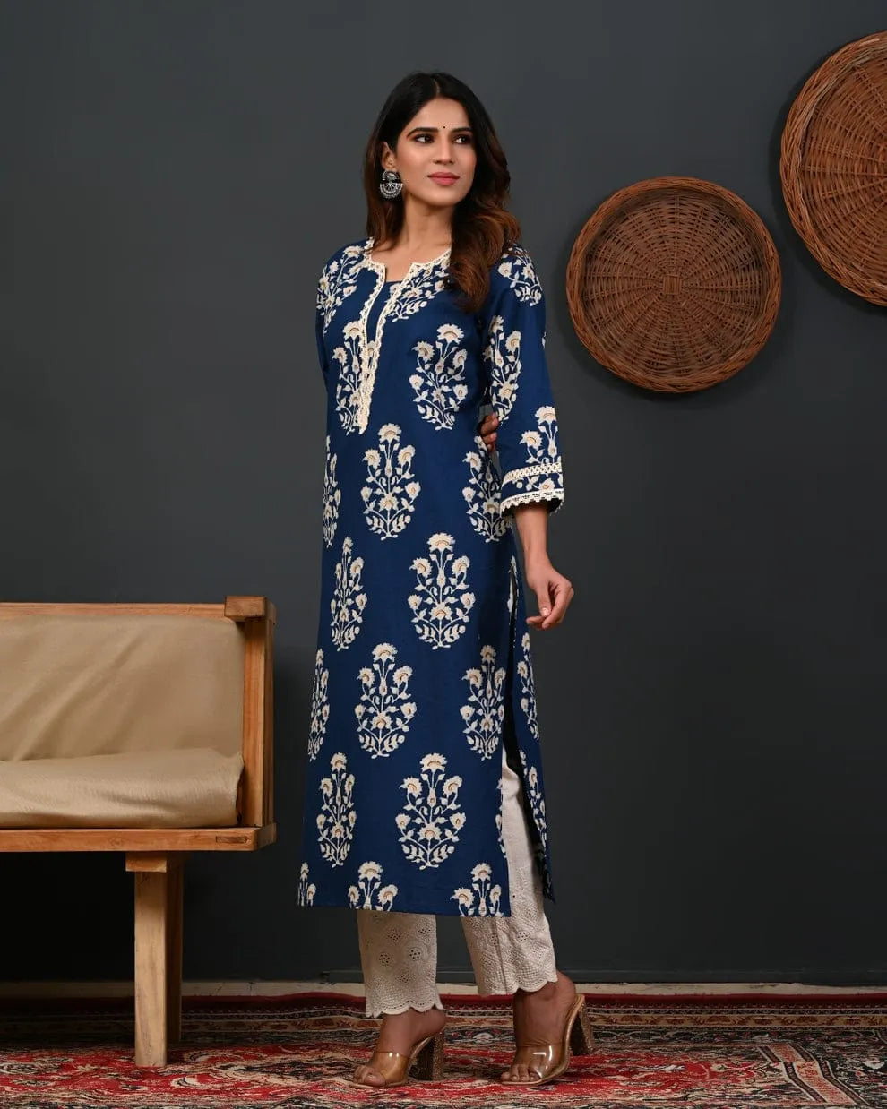Navy Blue Floral Printed Straight Kurta with Crochet Detailing