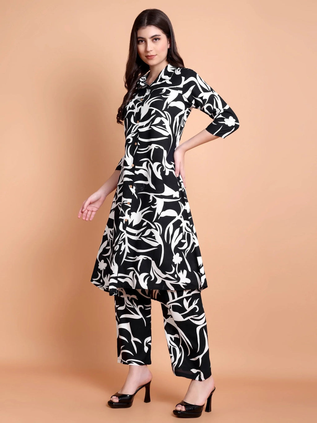 Abstract Printed Shirt Collar Pure Cotton A-Line Kurta with Trousers