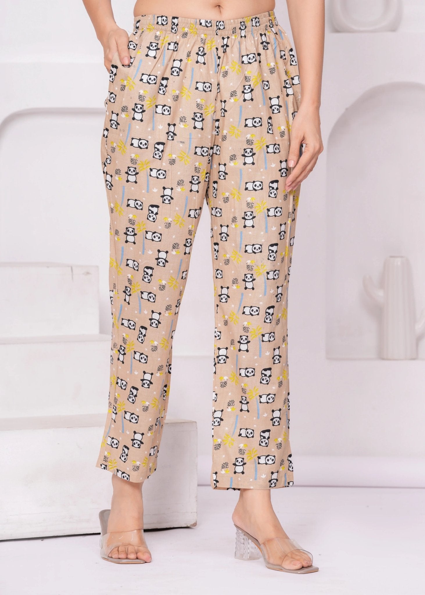 Beige Panda Print Cotton Lounge Set