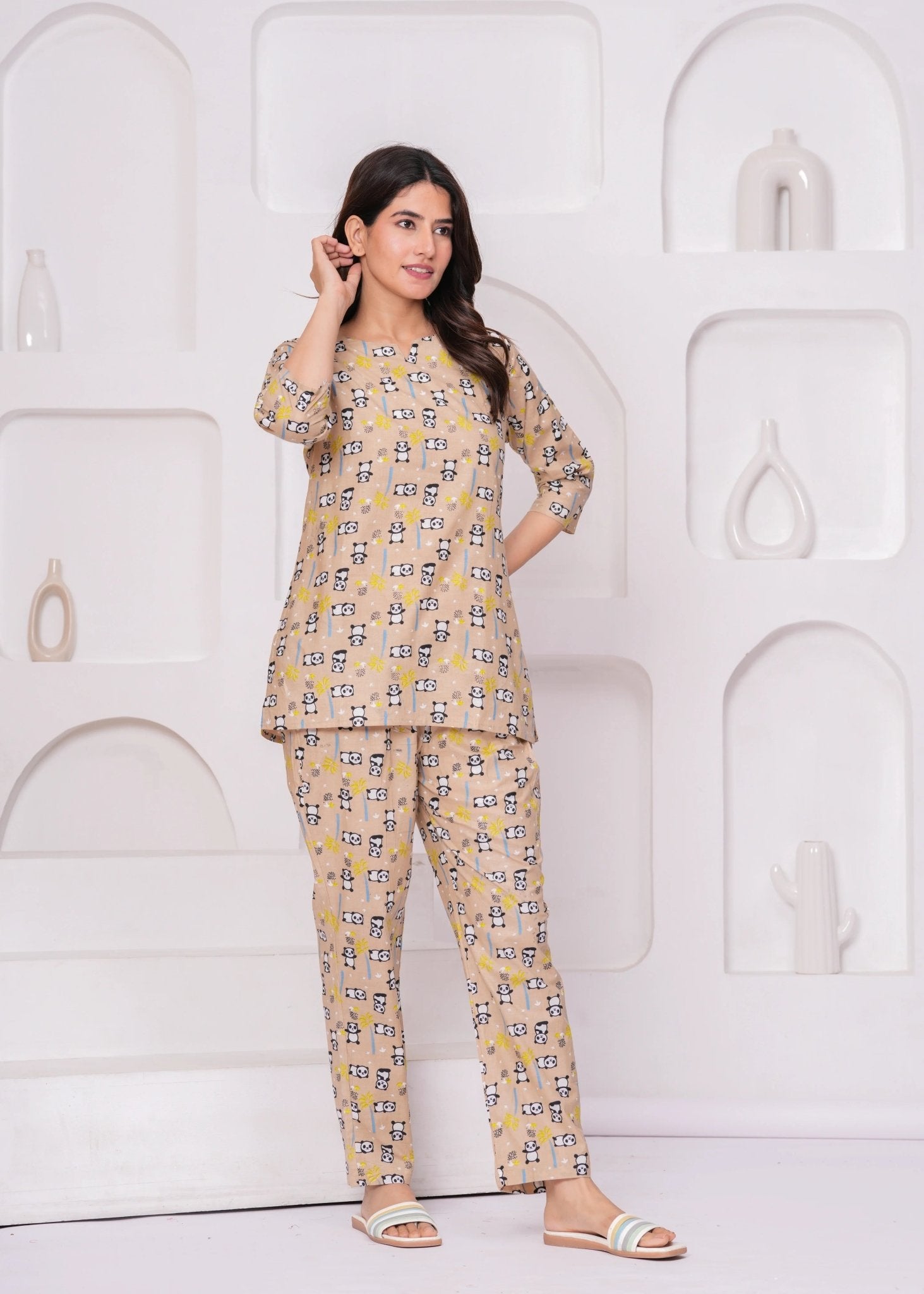 Beige Panda Print Cotton Lounge Set