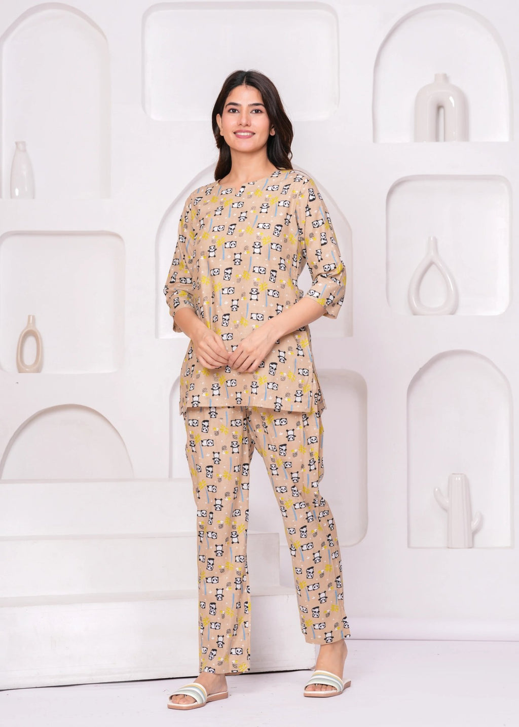 Beige Panda Print Cotton Lounge Set