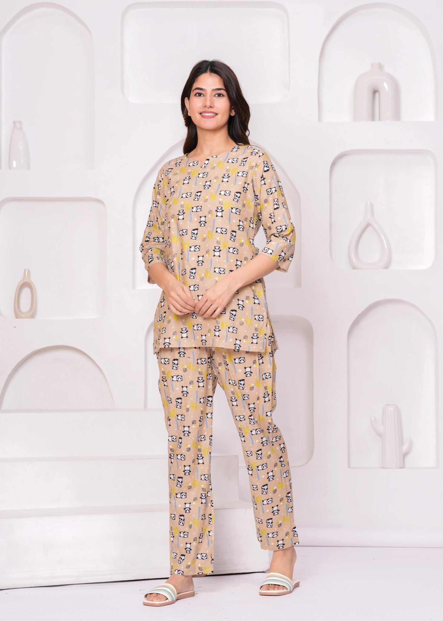 Beige Panda Print Cotton Lounge Set