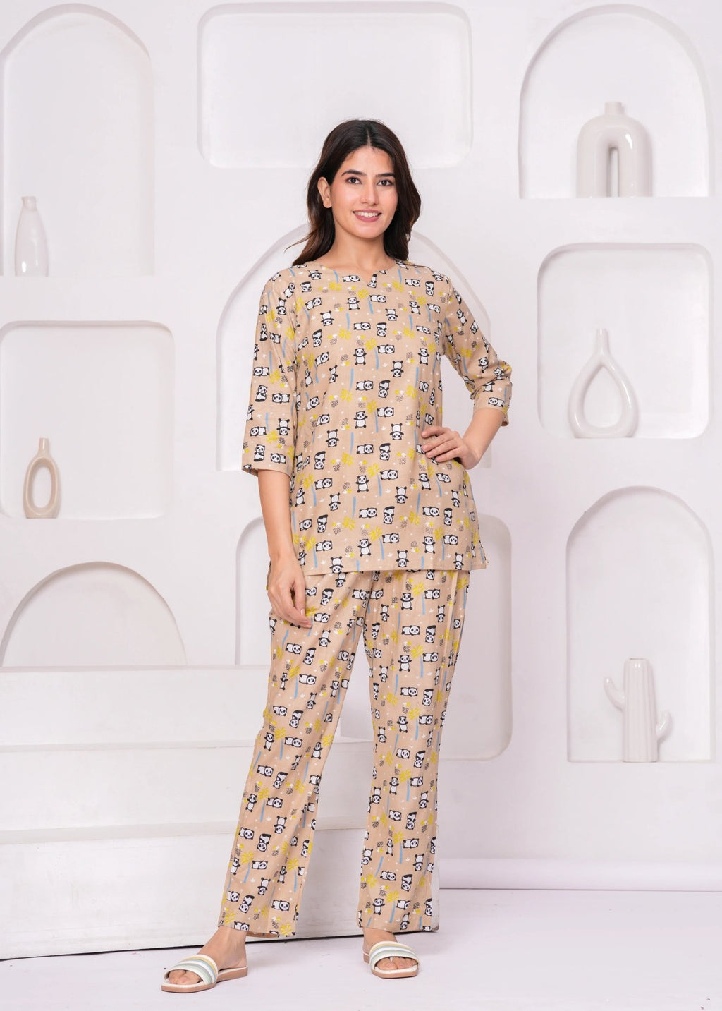 Beige Panda Print Cotton Lounge Set