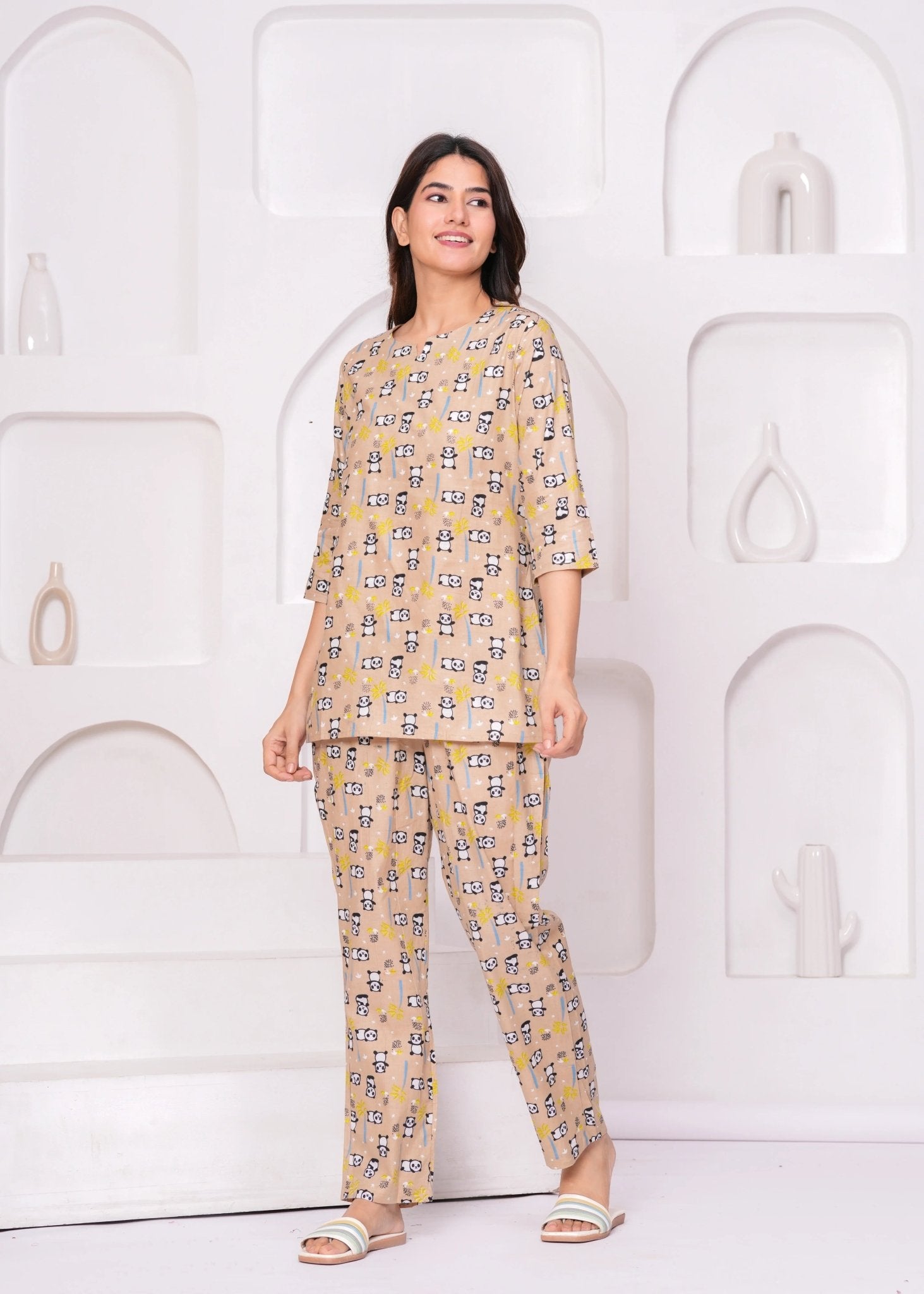 Beige Panda Print Cotton Lounge Set
