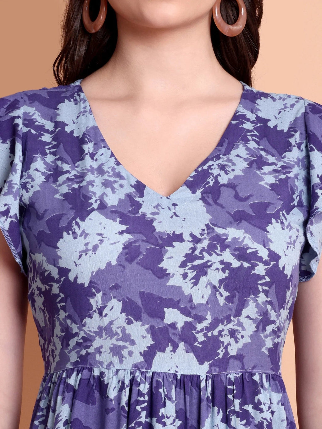 Blue Abstract Printed Flutter Sleeves A-Line Midi Dress